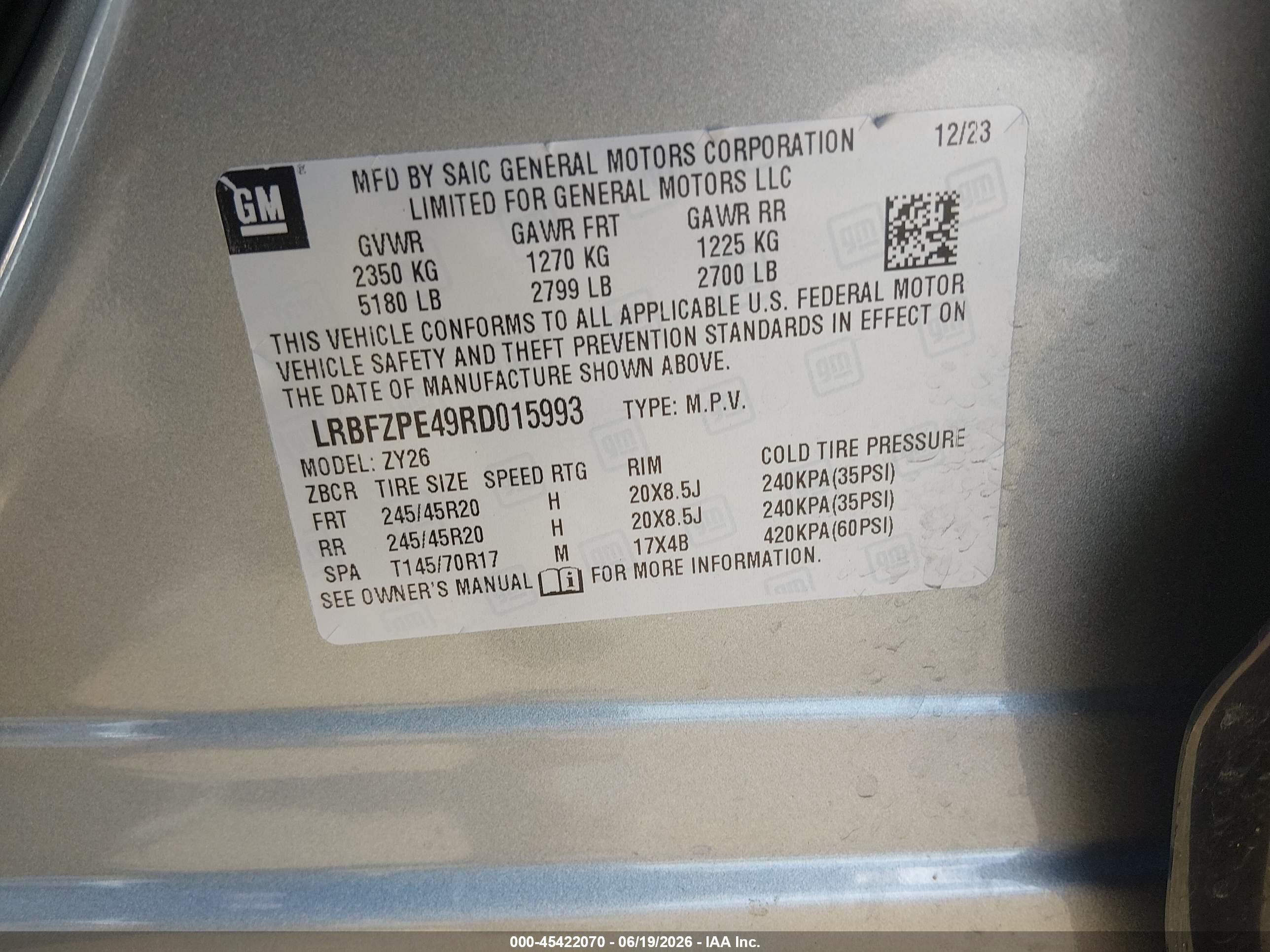 2024 Buick Envision VIN LRBFZPE49RD015993 IAAI salvage auction — Front End, Salvage (Louisiana), sold $3,200 on 2026-09-08 (photo 9)