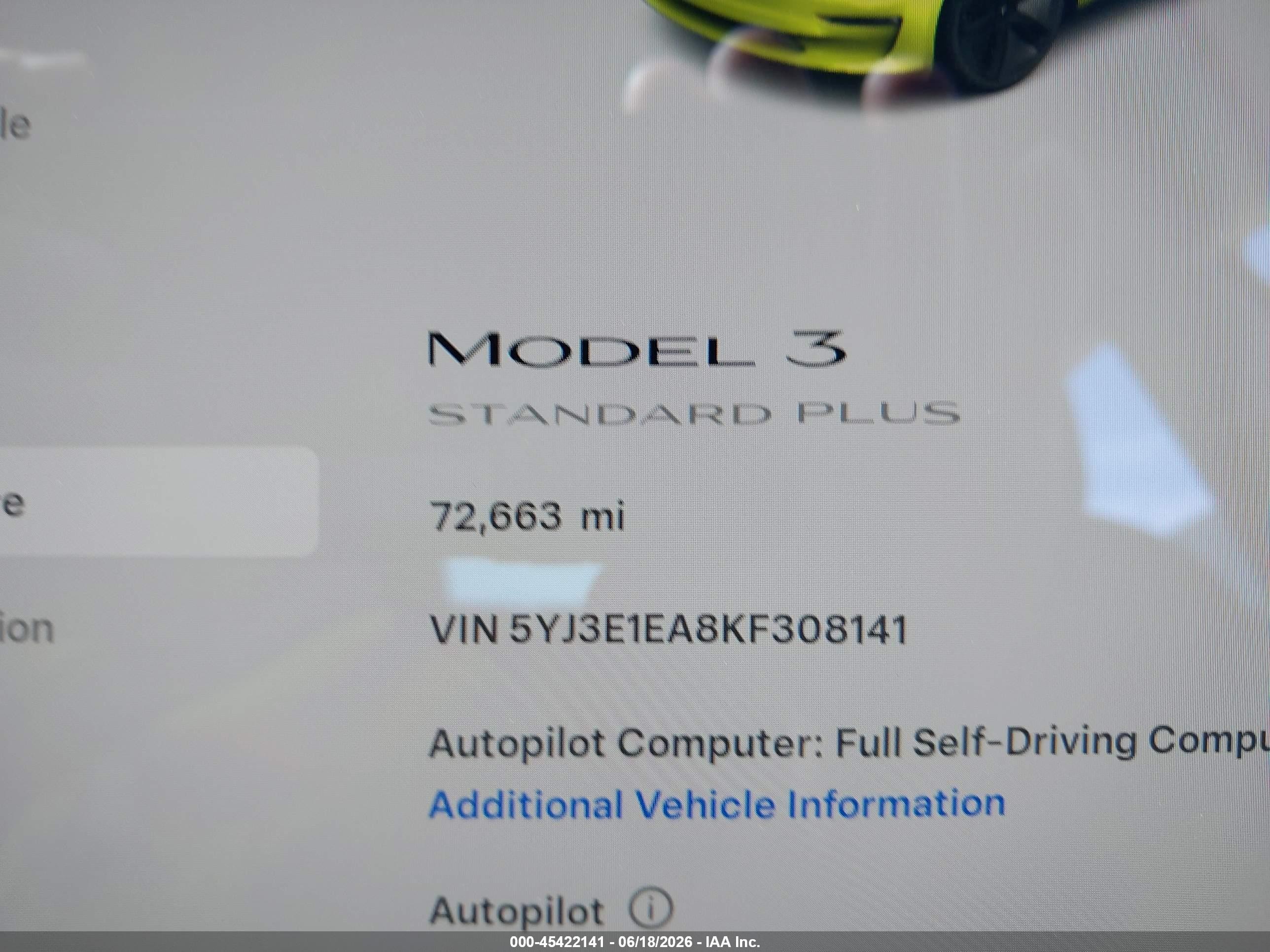 2019 Tesla Model 3 VIN 5YJ3E1EA8KF308141 IAAI salvage auction — Side, Original (Texas), sold $2,625 on 2026-06-30 (photo 7)