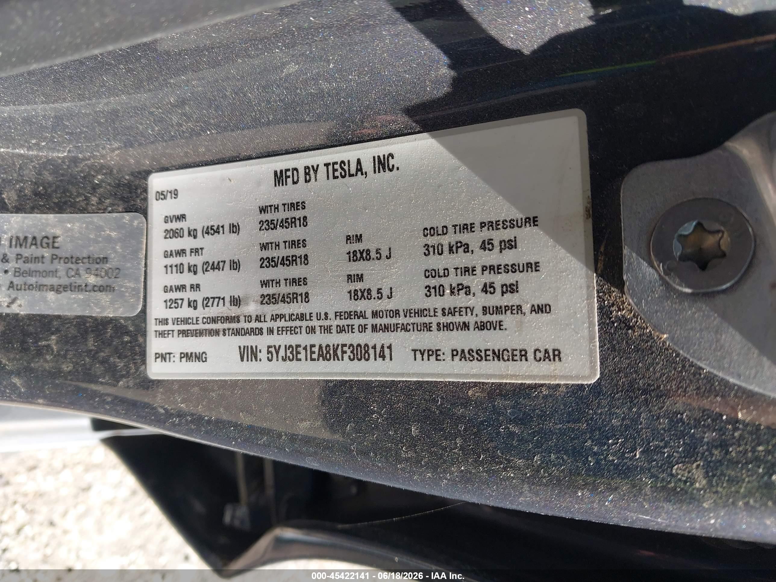2019 Tesla Model 3 VIN 5YJ3E1EA8KF308141 IAAI salvage auction — Side, Original (Texas), sold $2,625 on 2026-06-30 (photo 9)