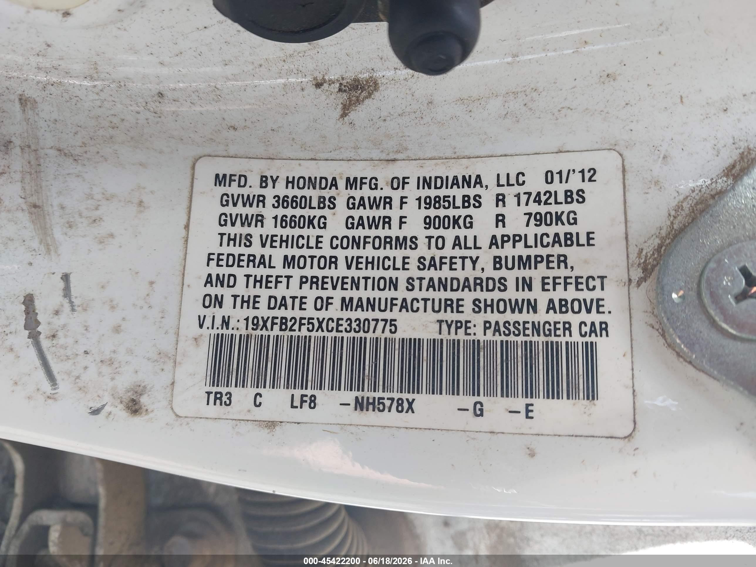 2012 Honda Civic VIN 19XFB2F5XCE330775 IAAI salvage auction — Normal Wear, Clear-Dealer Only (Montana), sold $175 on 2026-07-09 (photo 9)