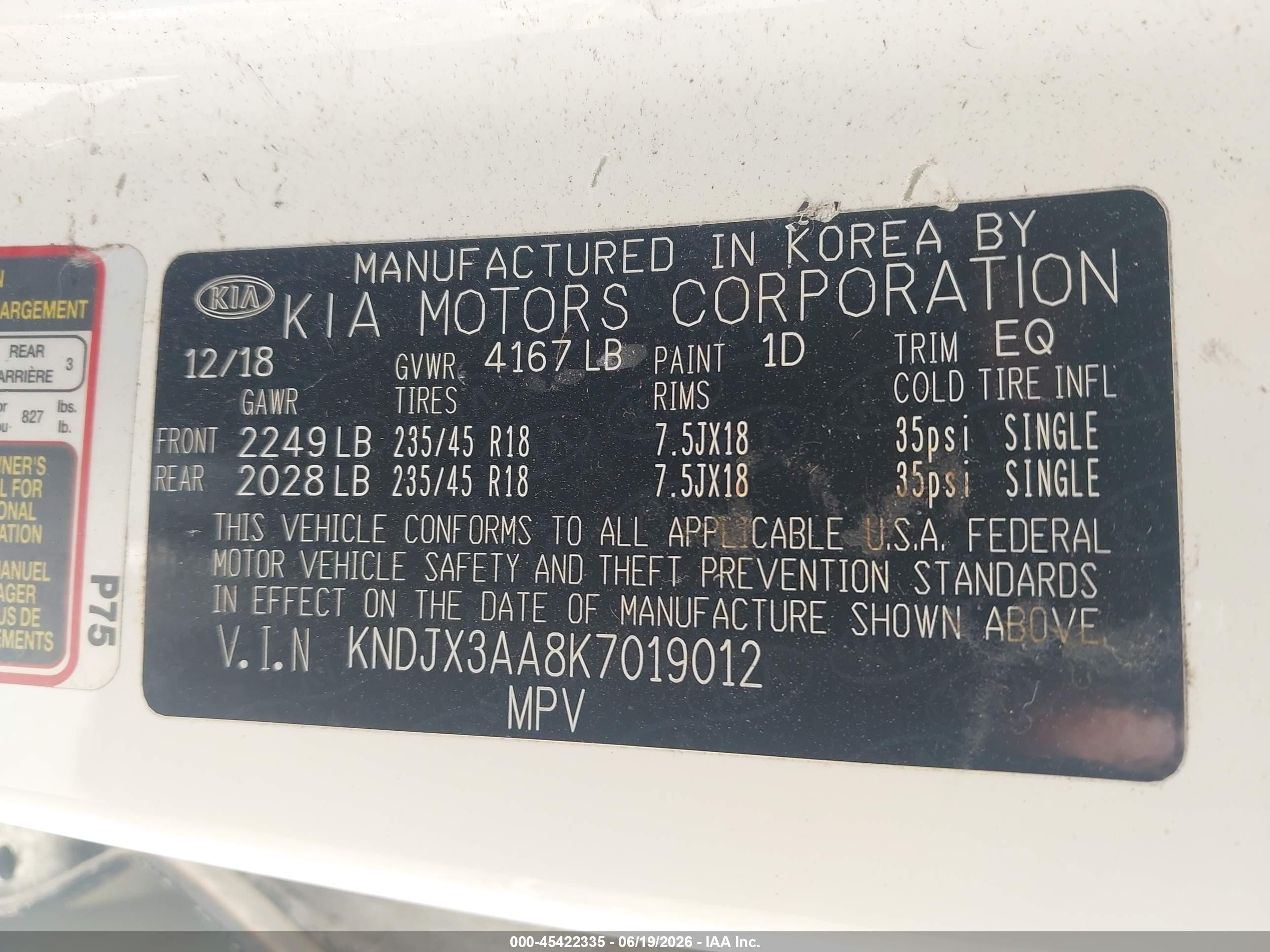 2019 Kia Soul VIN KNDJX3AA8K7019012 IAAI salvage auction — Normal Wear, Clear - Dealer Only (California), sold $550 on 2026-07-09 (photo 9)