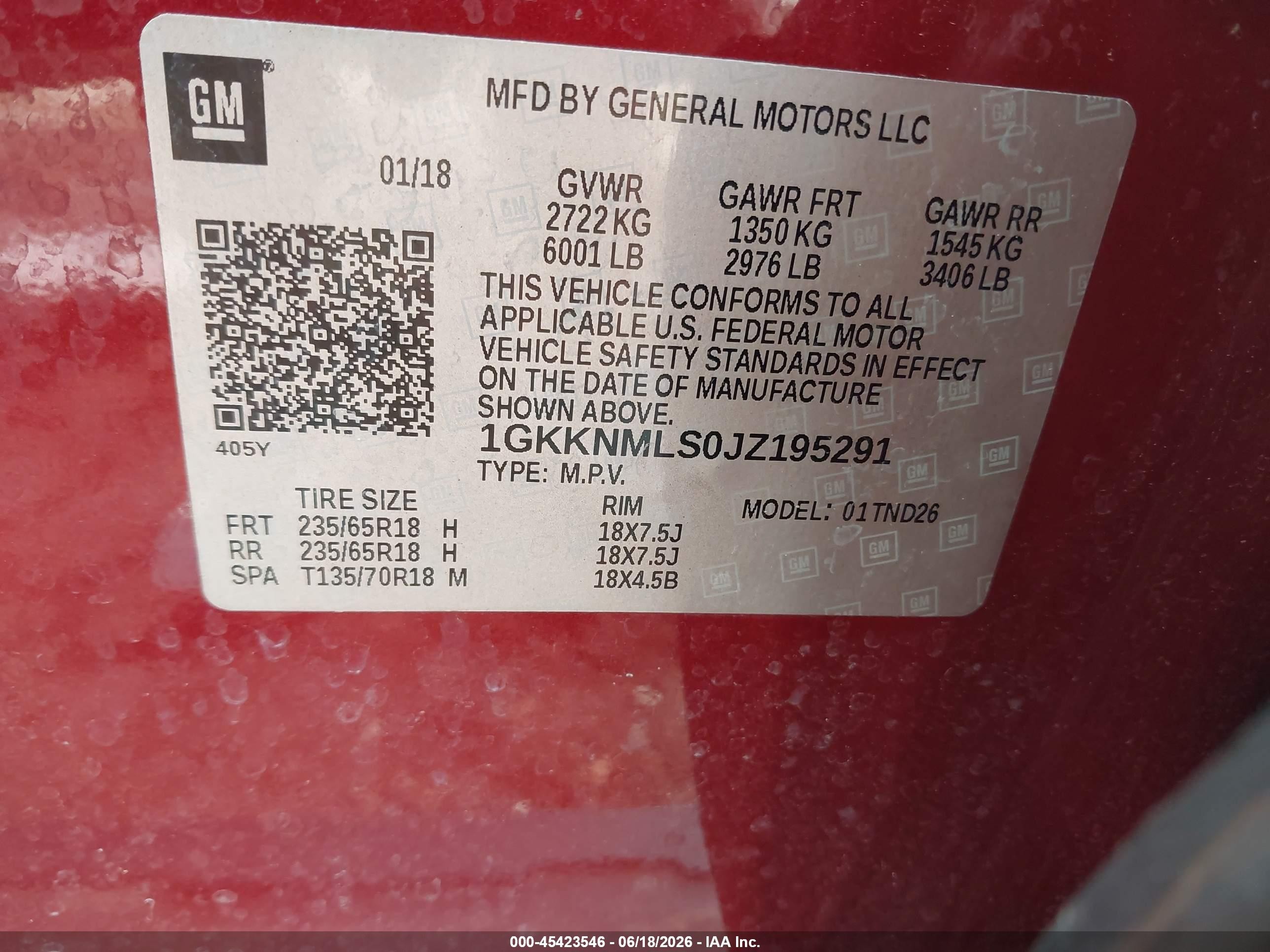 2018 Gmc Acadia VIN 1GKKNMLS0JZ195291 IAAI salvage auction — Hail, Clear (Missouri), sold $5,500 on 2026-10-05 (photo 9)