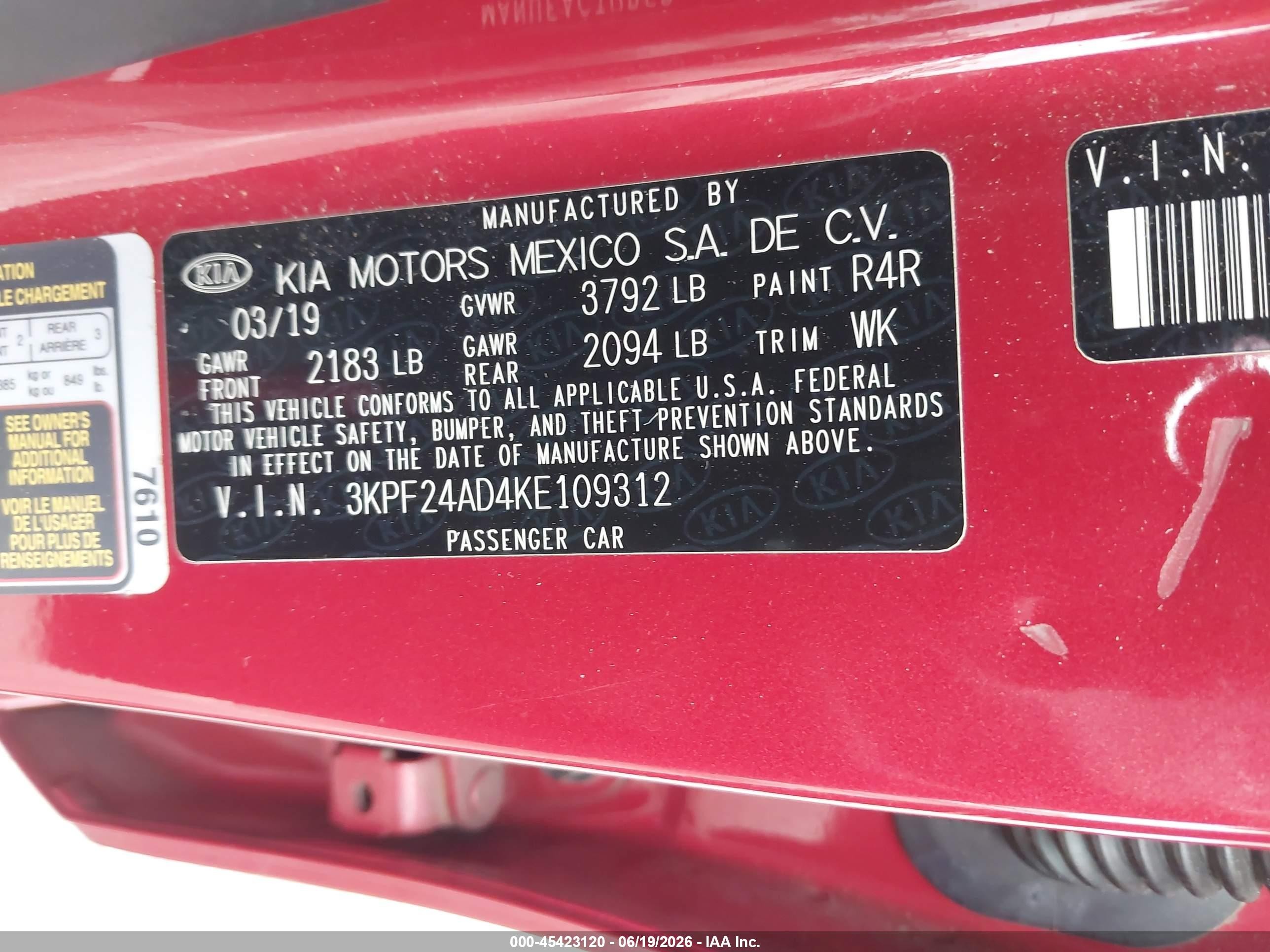 2019 Kia Forte VIN 3KPF24AD4KE109312 IAAI salvage auction — Front End, Salvage (California), sold $1,800 on 2026-07-06 (photo 9)