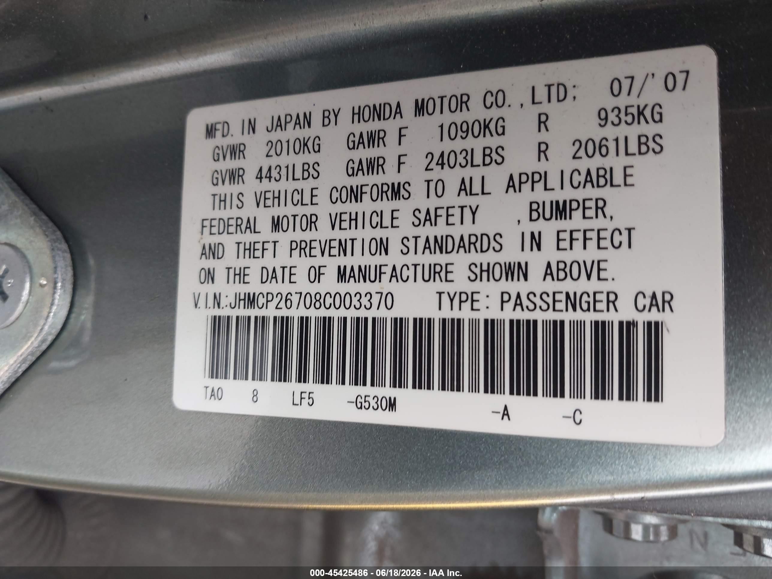 2008 Honda Accord VIN JHMCP26708C003370 IAAI salvage auction — Normal Wear, App For Dup Salv Title - Dealer (California), sold $500 on 2026-07-09 (photo 9)