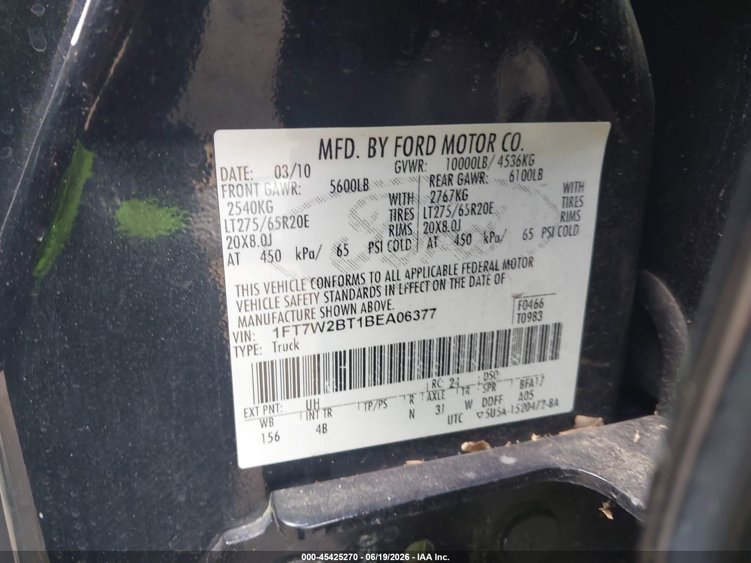 2011 Ford F-550 Super Duty VIN 1FT7W2BT1BEA06377 IAAI salvage auction — Water/Flood, Salvage (Tennessee), sold $5,700 on 2026-07-08 (photo 9)