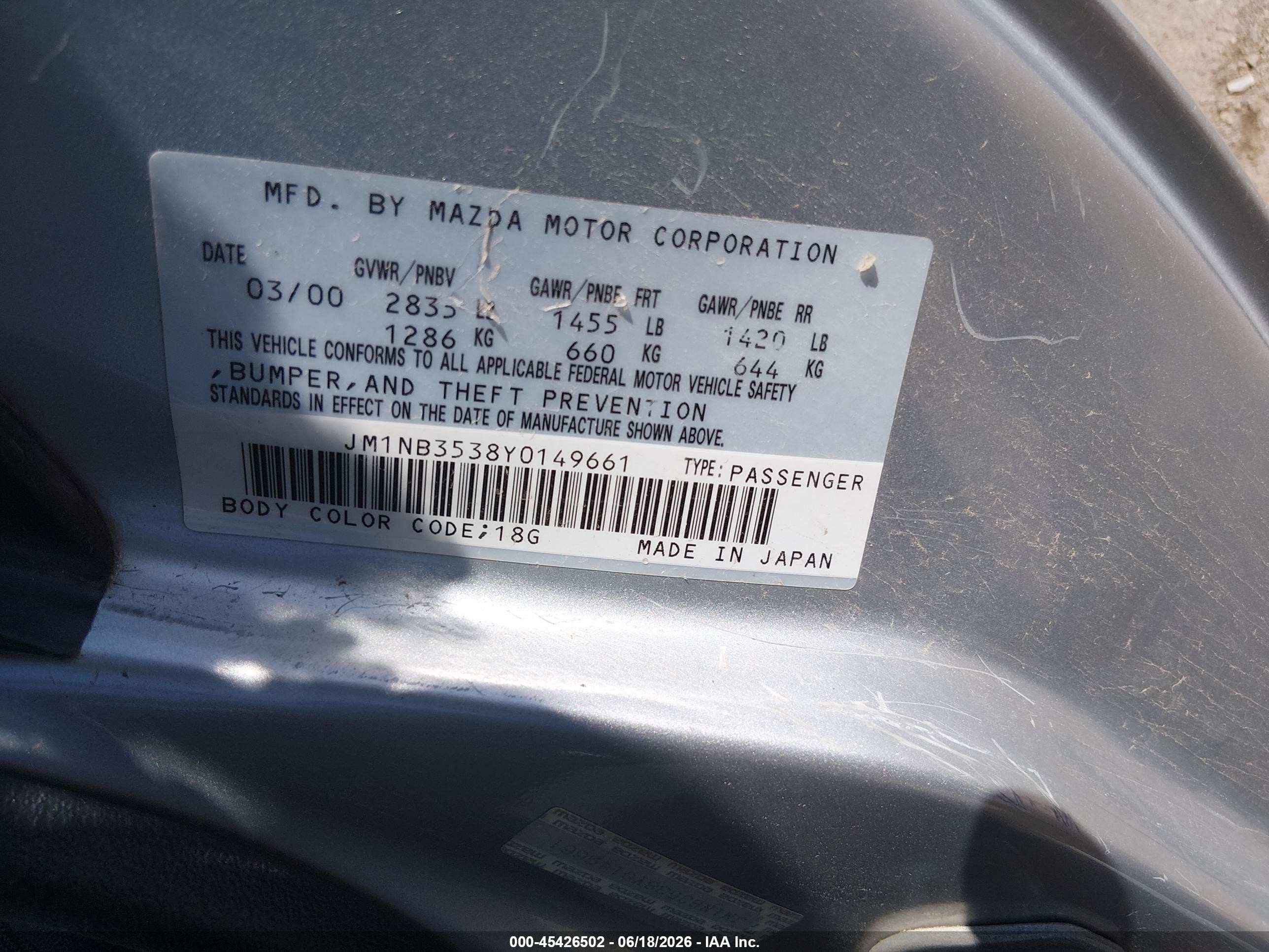 2000 Mazda MX-5 Miata VIN JM1NB3538Y0149661 IAAI salvage auction — Front End, Salvage (Arizona), sold $525 on 2026-07-03 (photo 9)