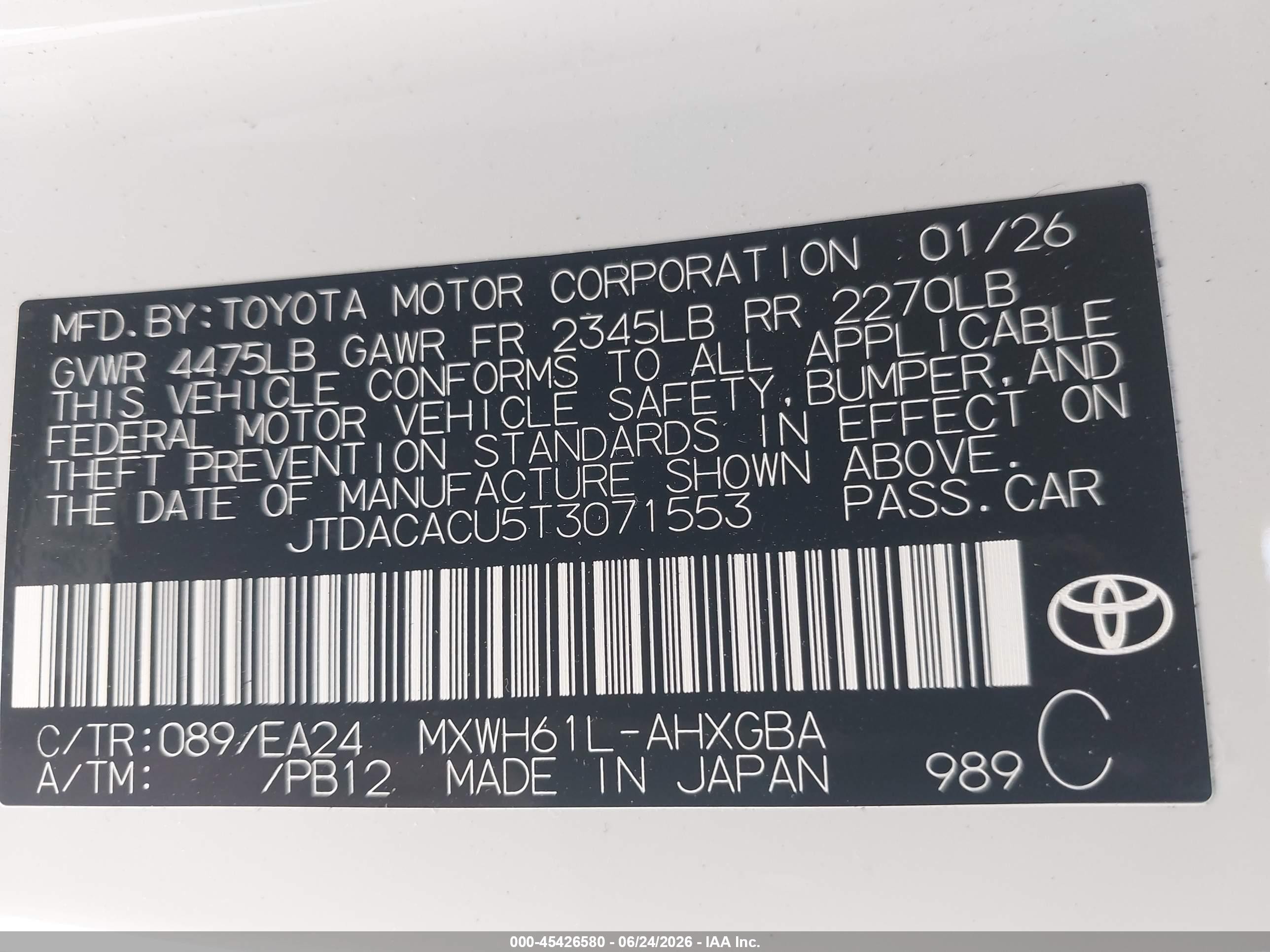 2026 Toyota Prius VIN JTDACACU5T3071553 IAAI salvage auction — Front End, Salvage (California), sold $14,100 on 2026-08-30 (photo 9)