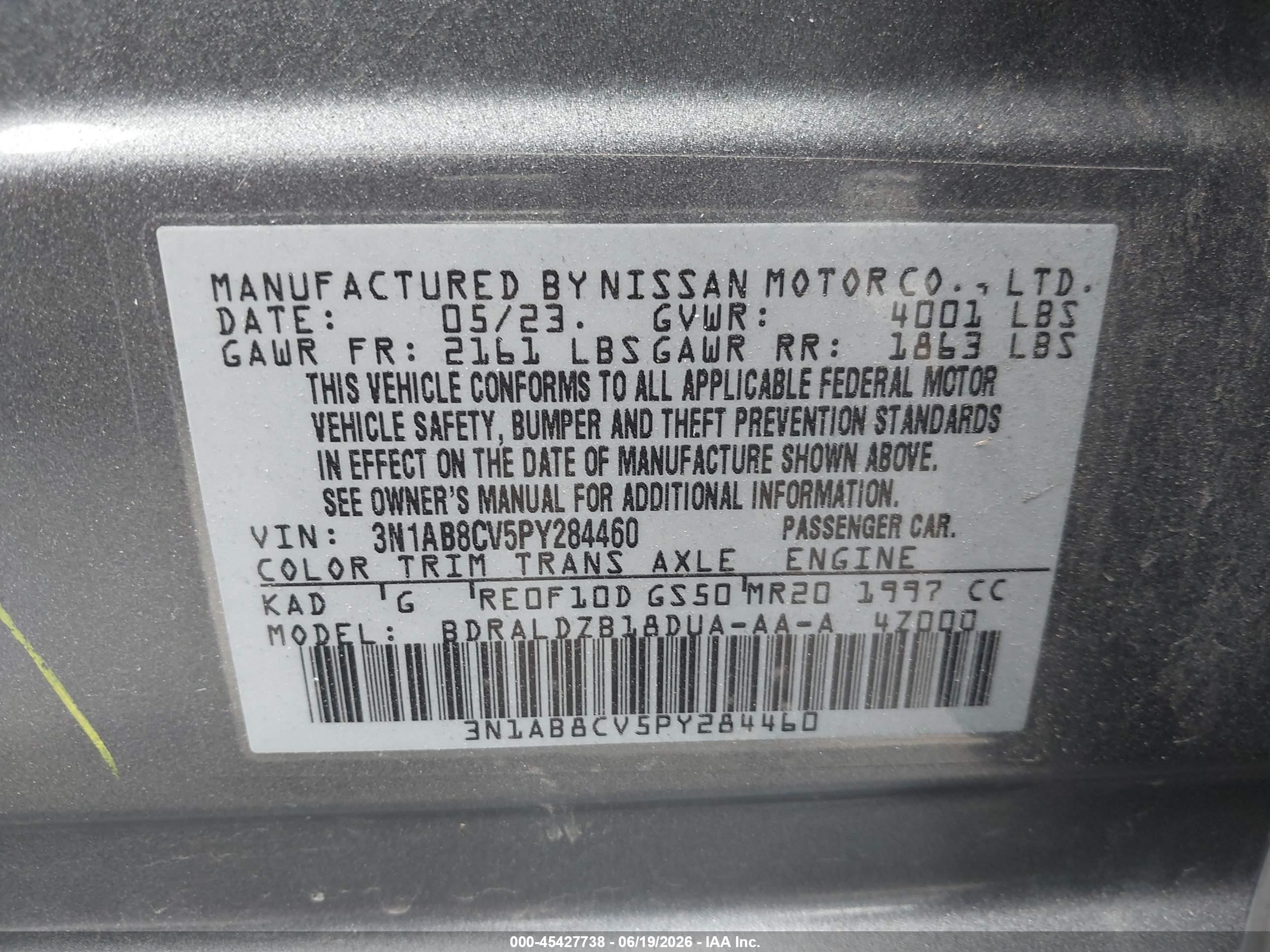 2023 Nissan Sentra VIN 3N1AB8CV5PY284460 IAAI salvage auction — Unknown, Salvage Certificate (California), sold $3,550 on 2026-07-12 (photo 9)