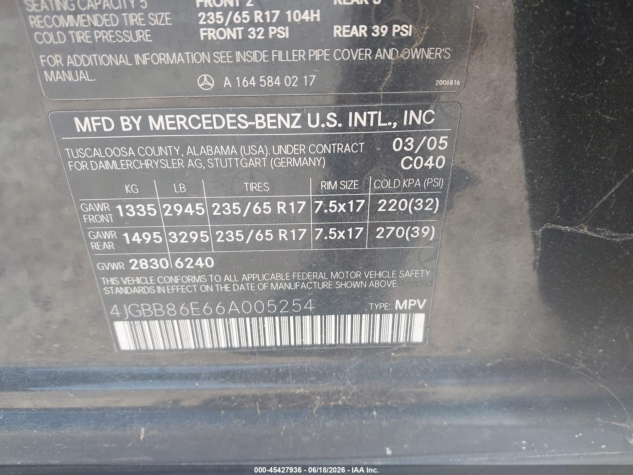 2006 Mercedes-Benz ML-Class VIN 4JGBB86E66A005254 IAAI salvage auction — Normal Wear, Clear - Dealer Only (California), sold $475 on 2026-07-02 (photo 9)