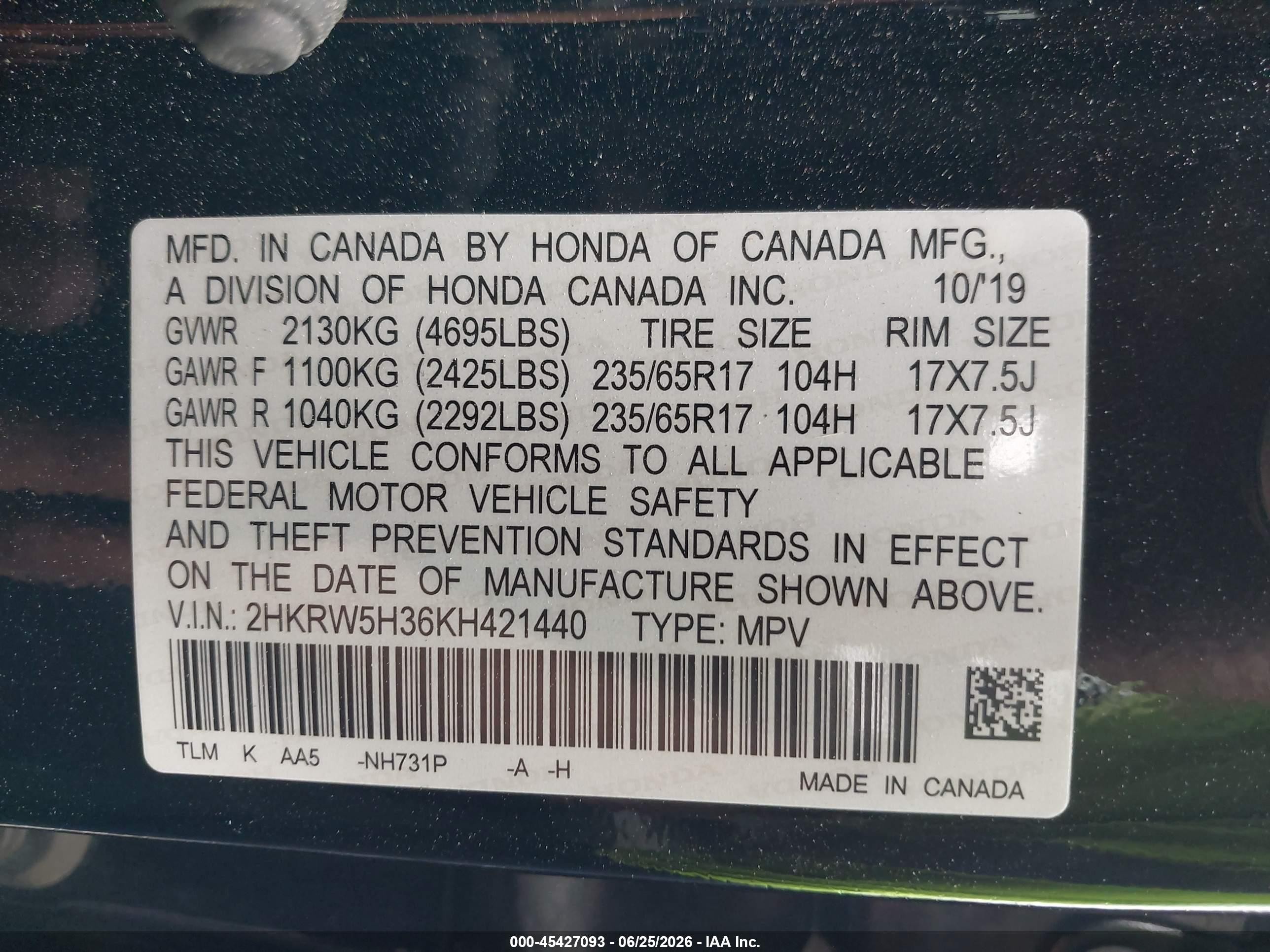 2019 Honda CR-V VIN 2HKRW5H36KH421440 IAAI salvage auction — Front End, Salvage Certificate (California), sold $6,700 on 2026-07-12 (photo 9)