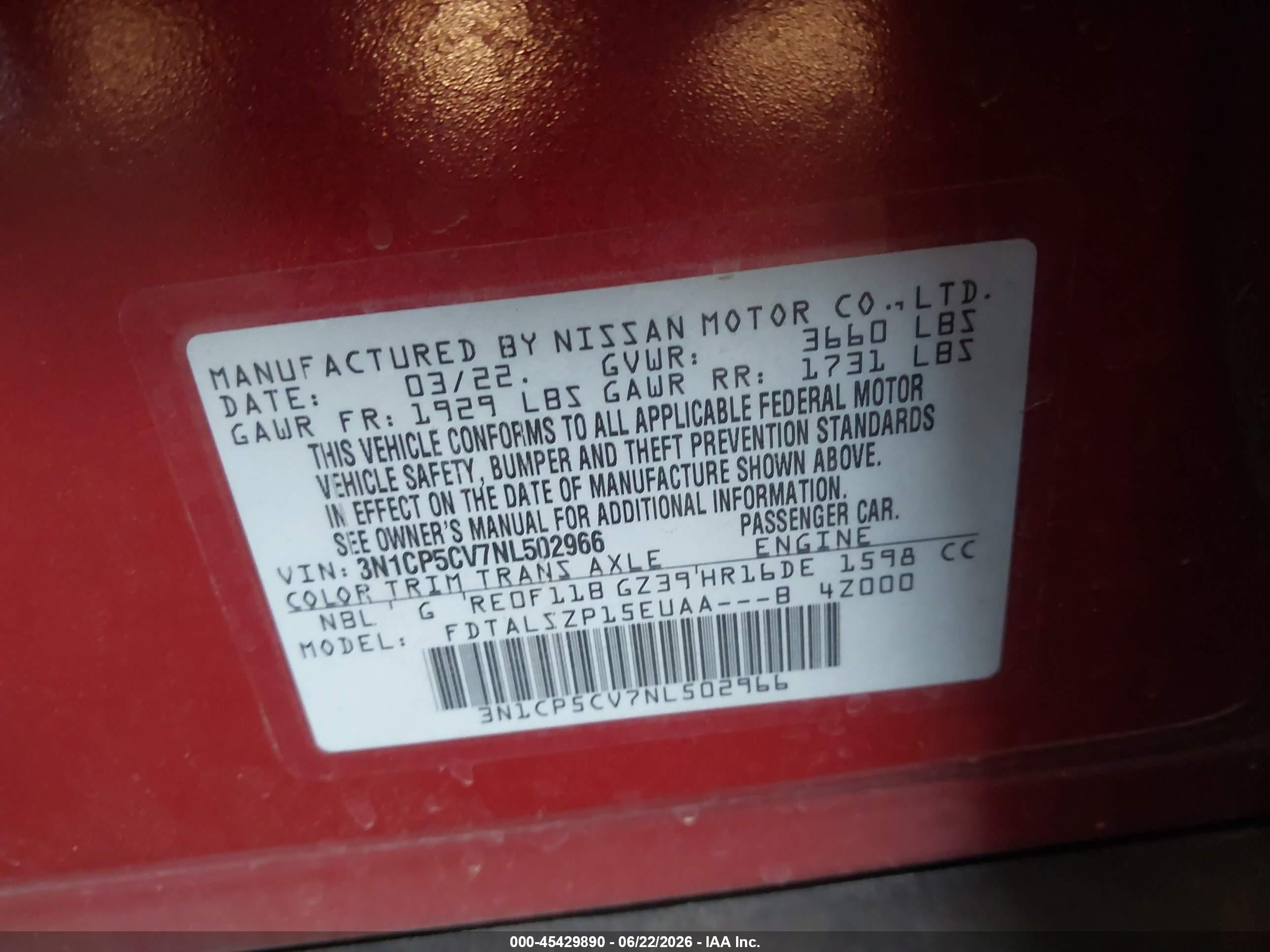 2022 Nissan Kicks VIN 3N1CP5CV7NL502966 IAAI salvage auction — Side, Salvage (Arizona), sold $3,250 on 2026-07-11 (photo 9)