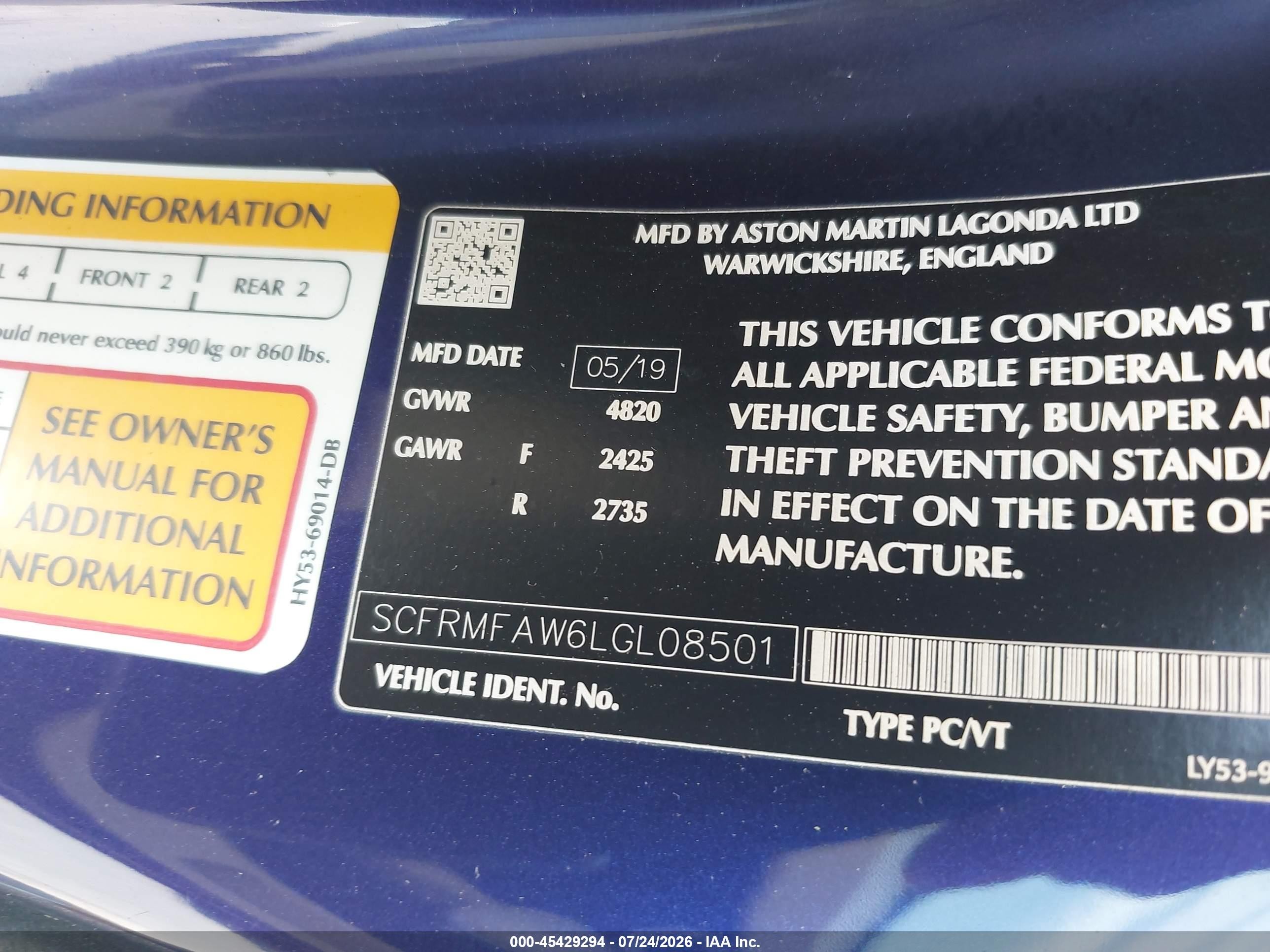 2020 Aston martin Db11 VIN SCFRMFAW6LGL08501 IAAI salvage auction — Front End, Mv-907A (New York), sold $43,000 on 2026-09-14 (photo 9)