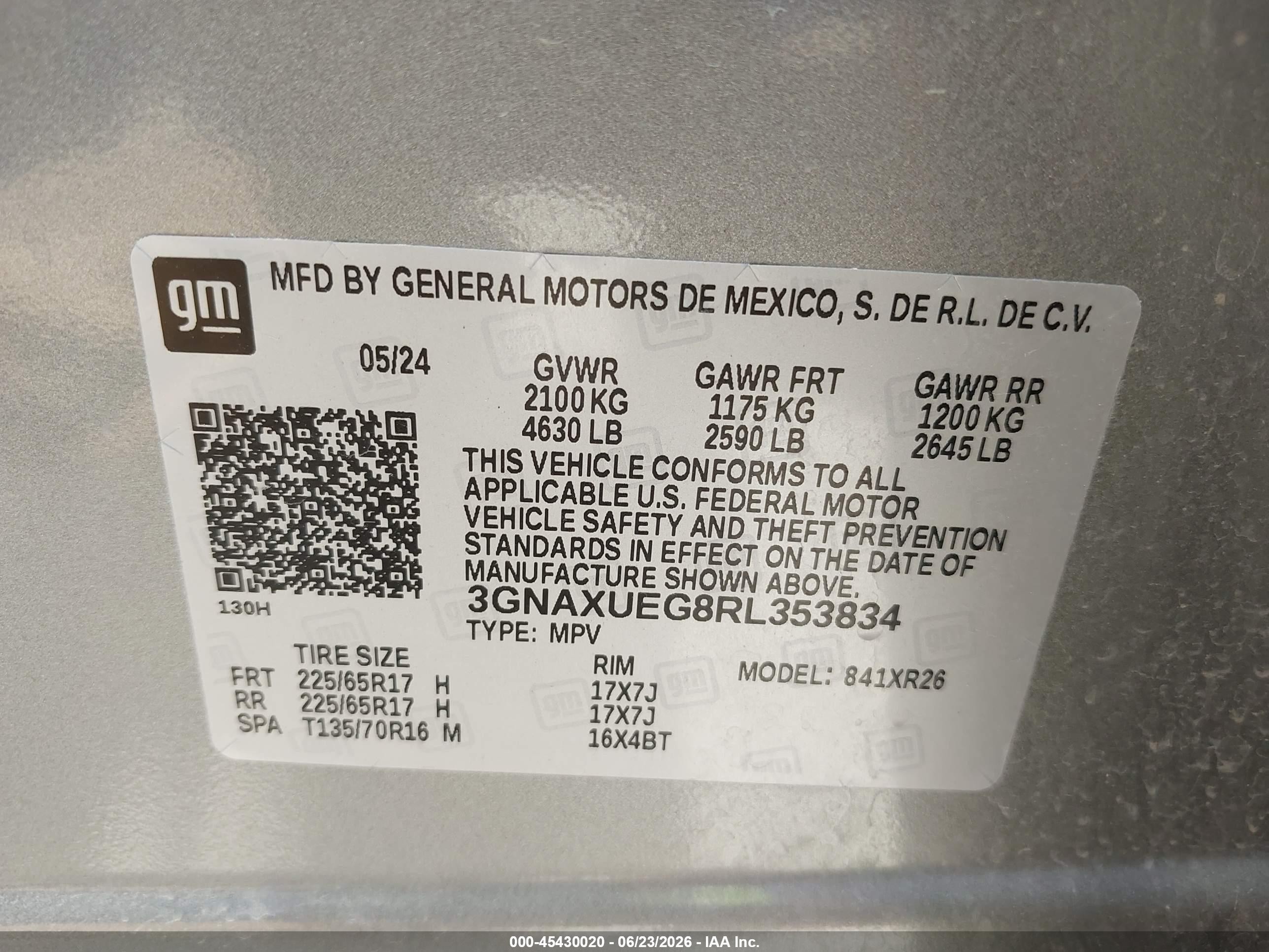 2024 Chevrolet Equinox VIN 3GNAXUEG8RL353834 IAAI salvage auction — Unknown, Enterprise Vehicles Clear Only (Montana), sold $13,700 on 2026-07-06 (photo 9)