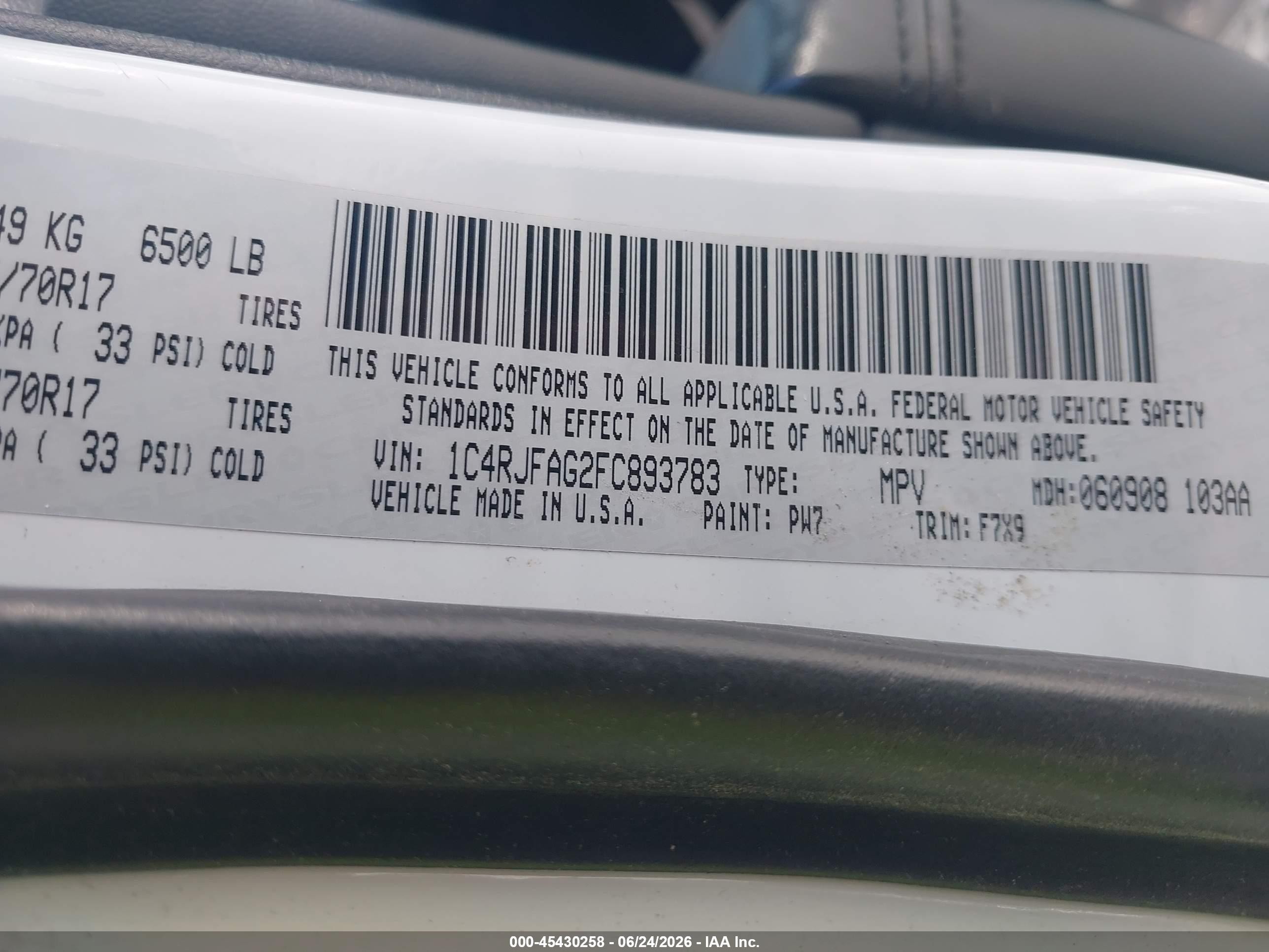 2015 Jeep Grand Cherokee VIN 1C4RJFAG2FC893783 IAAI salvage auction — Front & Rear, Nrc Lienholder Repossession Paperwork (Utah), sold $2,200 on 2026-07-09 (photo 9)