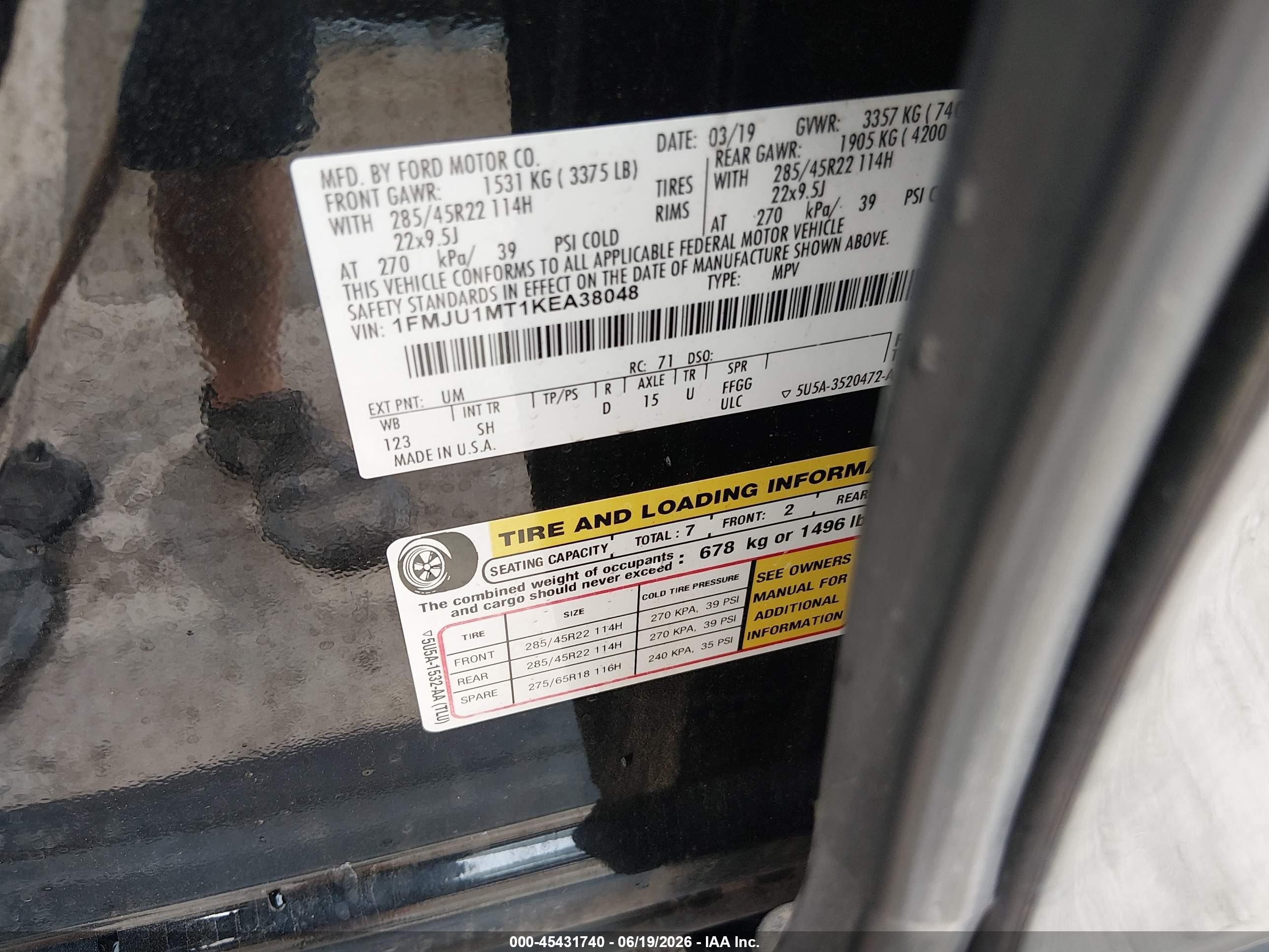 2019 Ford Expedition VIN 1FMJU1MT1KEA38048 IAAI salvage auction — Hail, Salvage (Kansas), sold $9,550 on 2026-09-04 (photo 9)