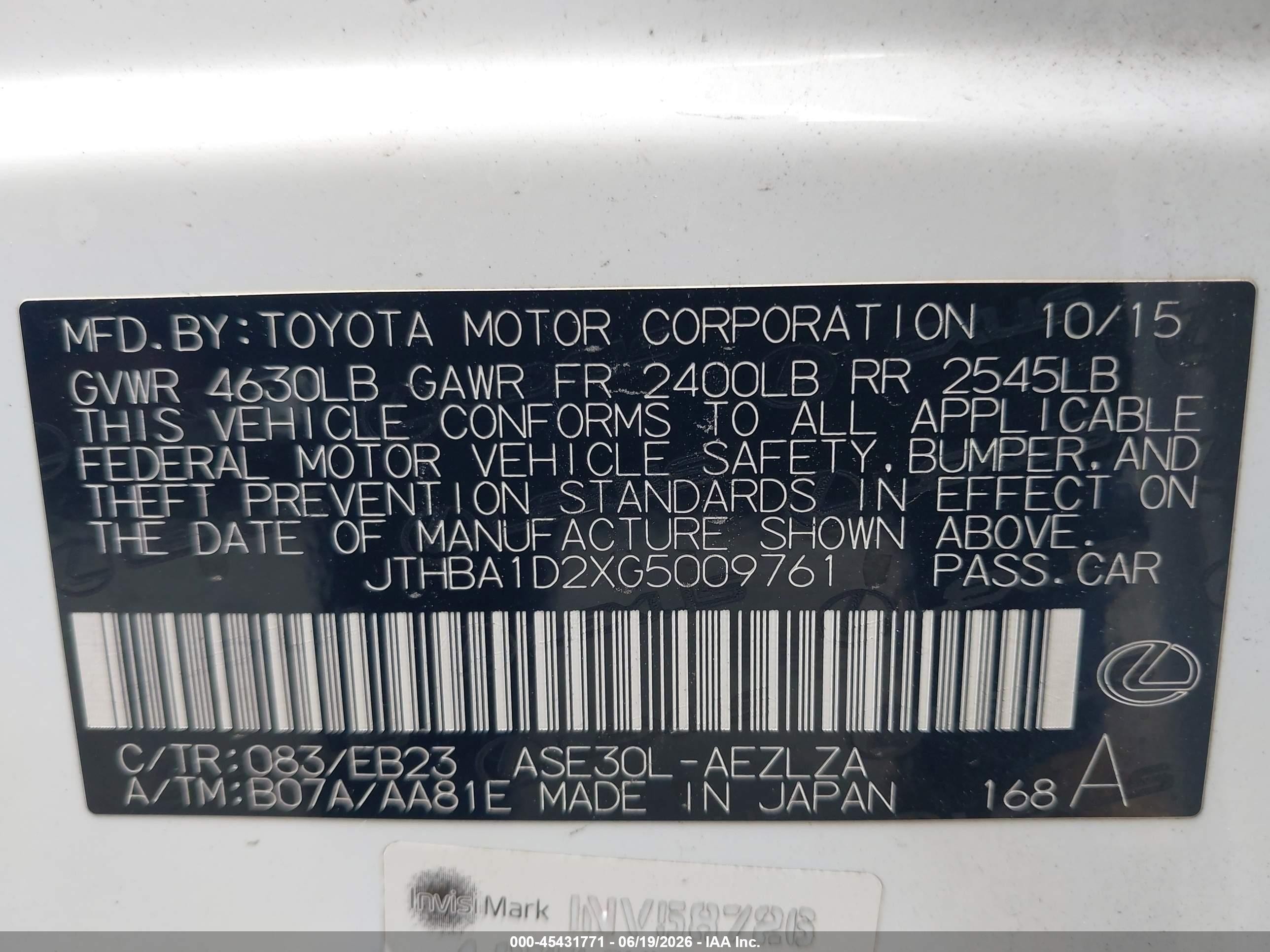 2016 Lexus Is VIN JTHBA1D2XG5009761 IAAI salvage auction — Rear End, Salvage (California), sold $4,875 on 2026-07-02 (photo 9)