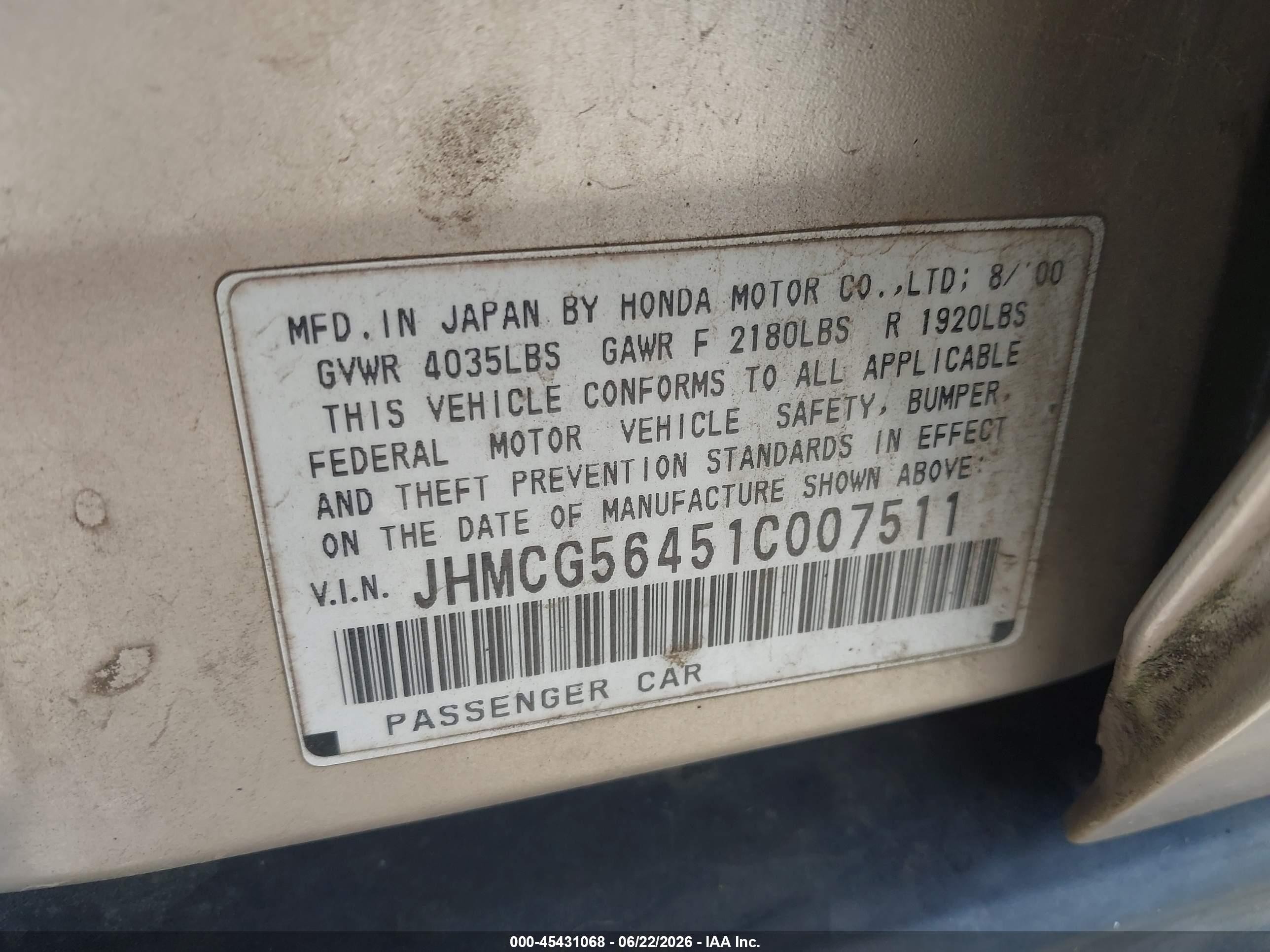 2001 Honda Accord VIN JHMCG56451C007511 IAAI salvage auction — Normal Wear, Clear (Oregon), sold $100 on 2026-07-09 (photo 9)