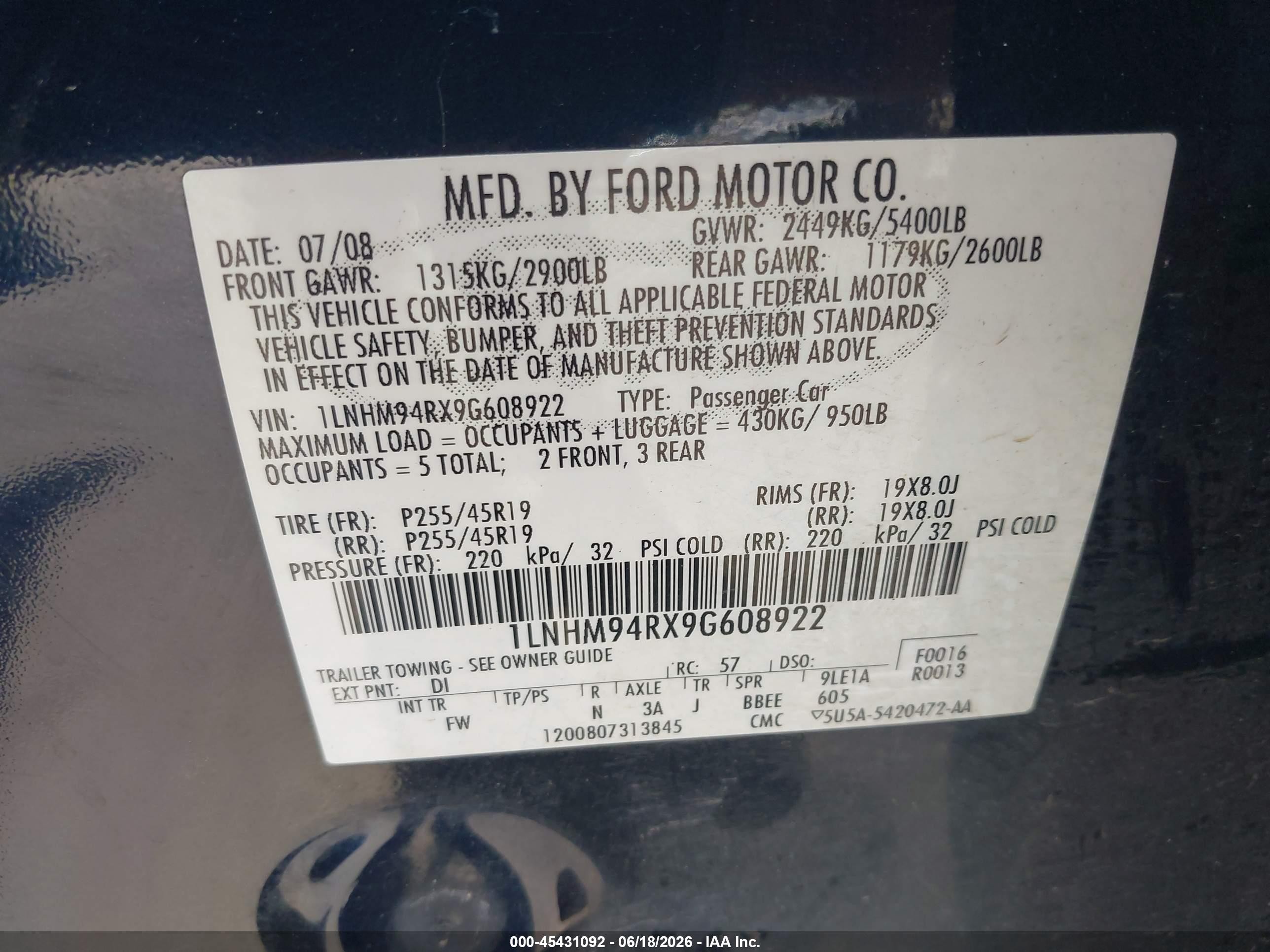 2009 Lincoln MKS VIN 1LNHM94RX9G608922 IAAI salvage auction — Front & Rear, Salvage (Oregon), sold $325 on 2026-07-09 (photo 9)