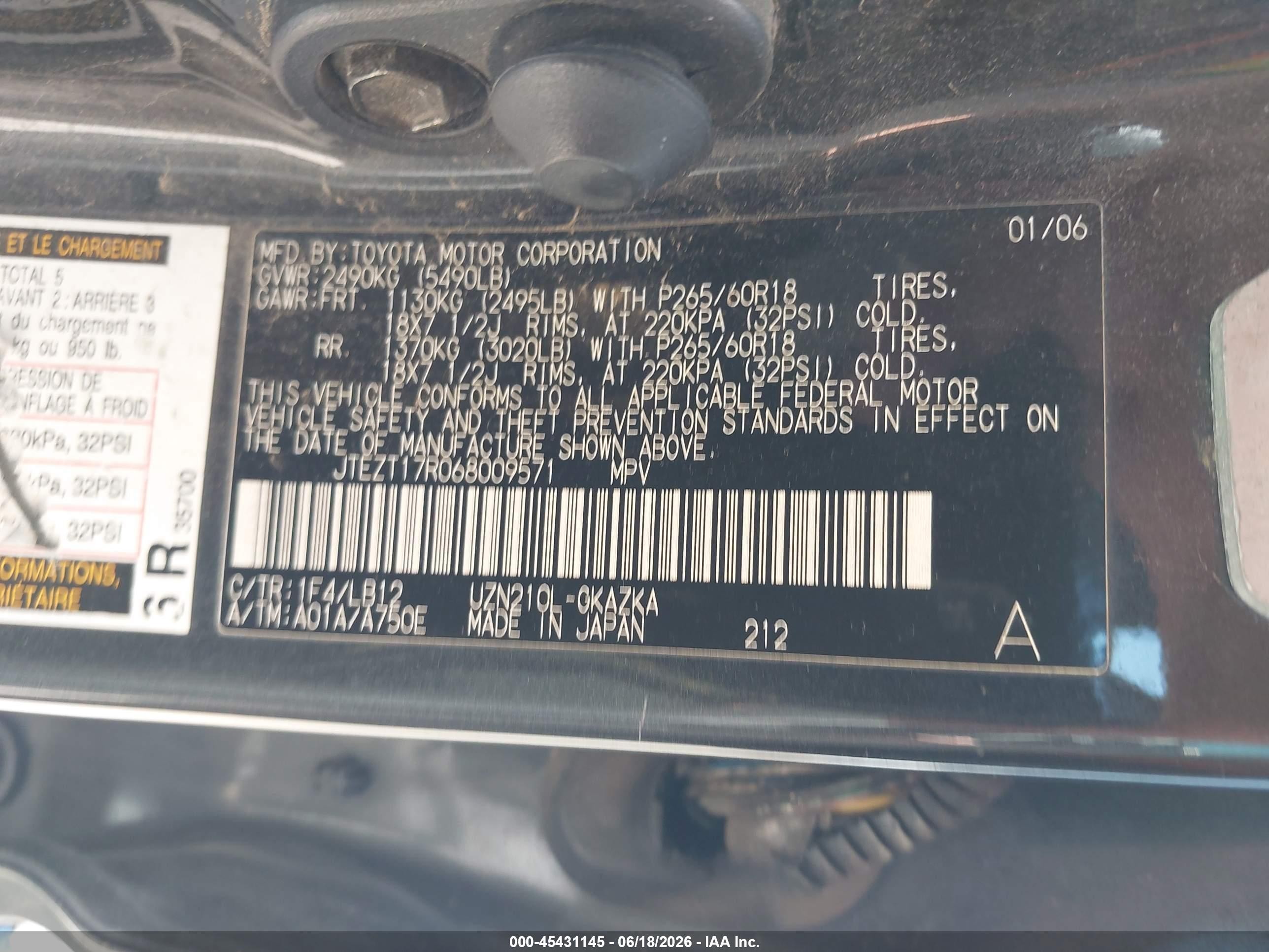 2006 Toyota 4Runner VIN JTEZT17R068009571 IAAI salvage auction — Normal Wear, Clear-Dealer Only (Arizona), sold $3,125 on 2026-07-02 (photo 9)