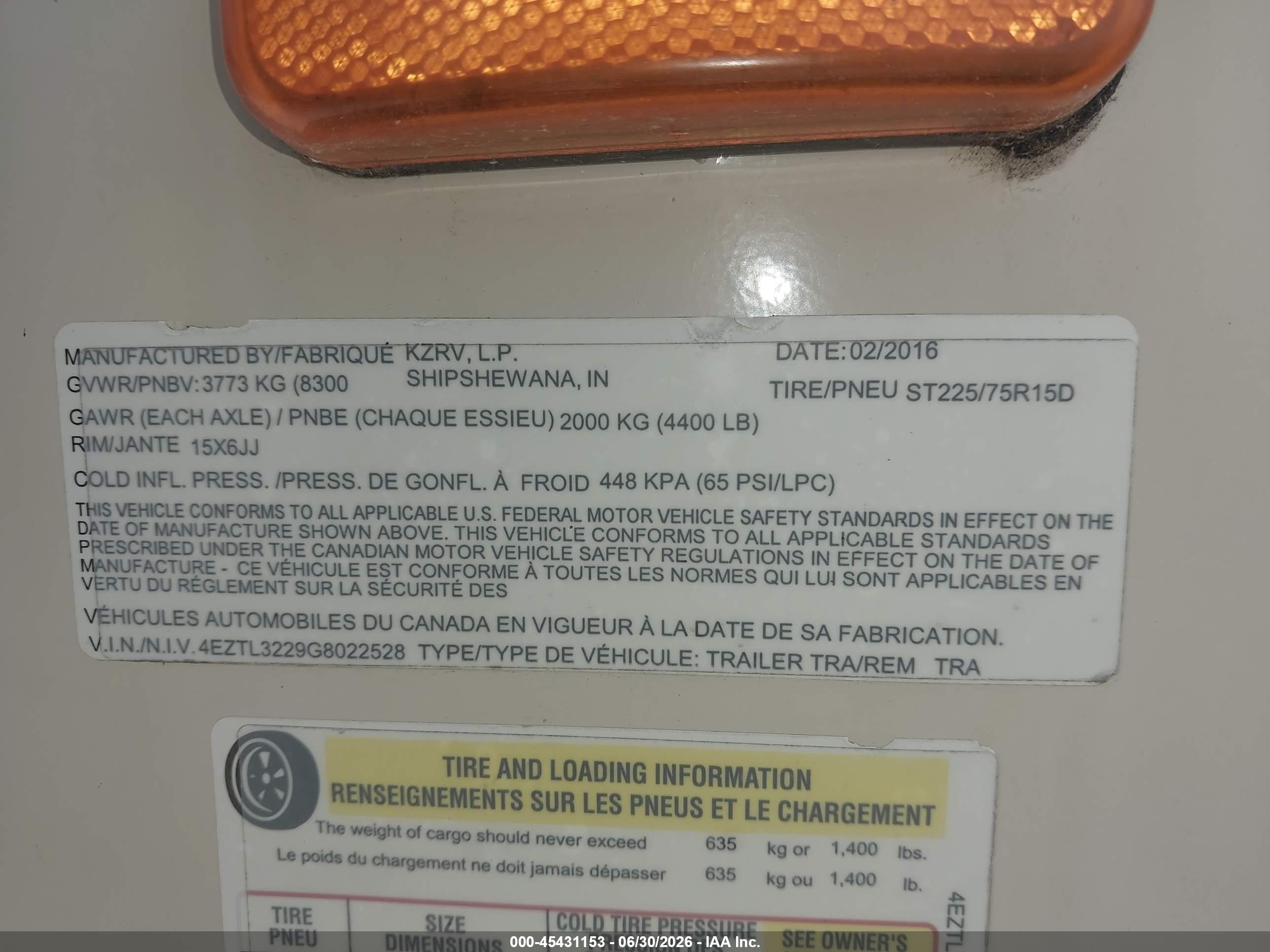2016 K-z inc Connect VIN 4EZTL3229G8022528 IAAI salvage auction — Top/Roof, Salvage (Illinois), sold $1,750 on 2026-08-19 (photo 9)