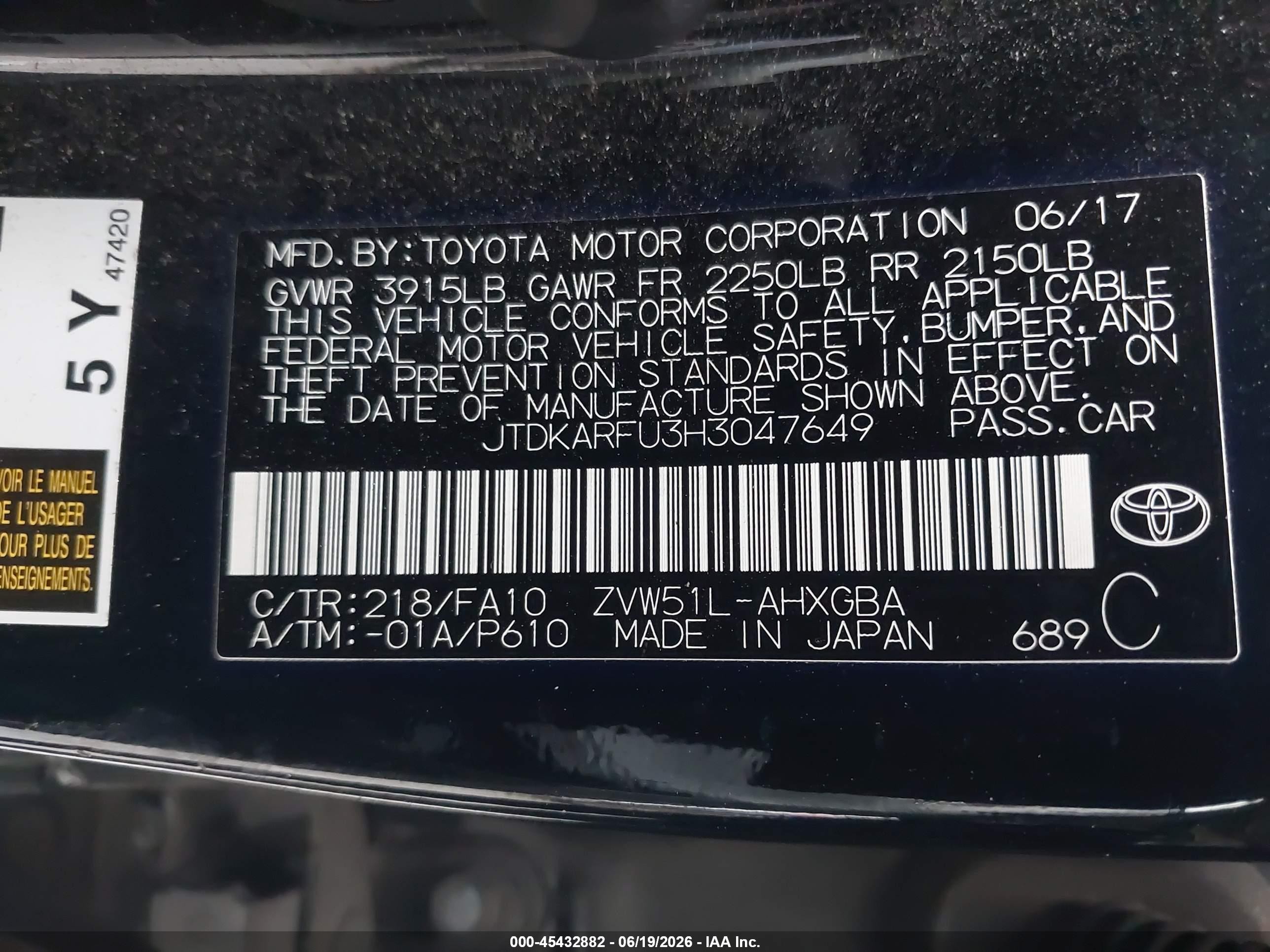2017 Toyota Prius VIN JTDKARFU3H3047649 IAAI salvage auction — Rear End, Salvage (California), sold $3,200 on 2026-07-09 (photo 9)