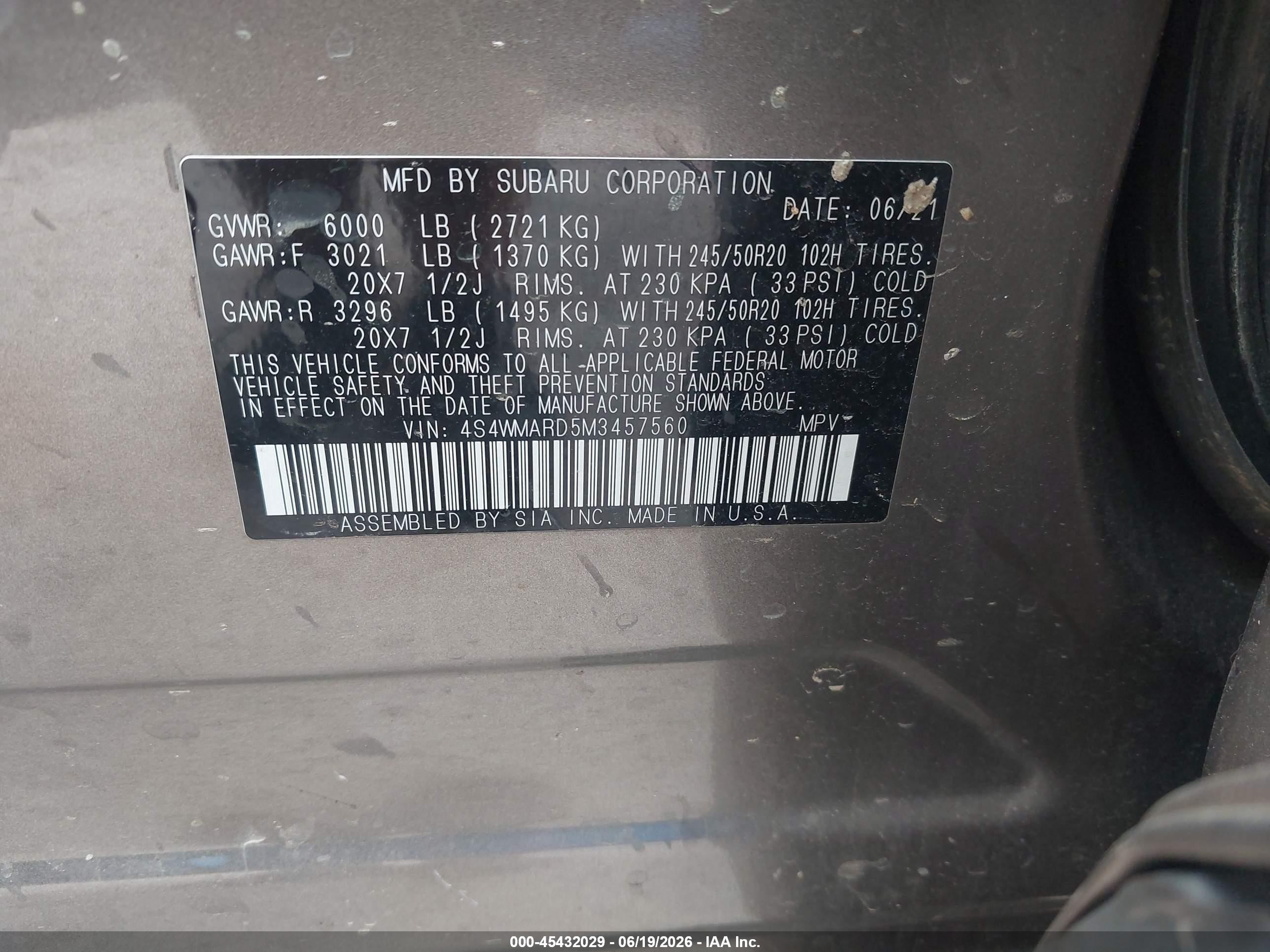 2021 Subaru Ascent VIN 4S4WMARD5M3457560 IAAI salvage auction — Rear End, Clear (Oklahoma), sold $5,300 on 2026-09-07 (photo 9)