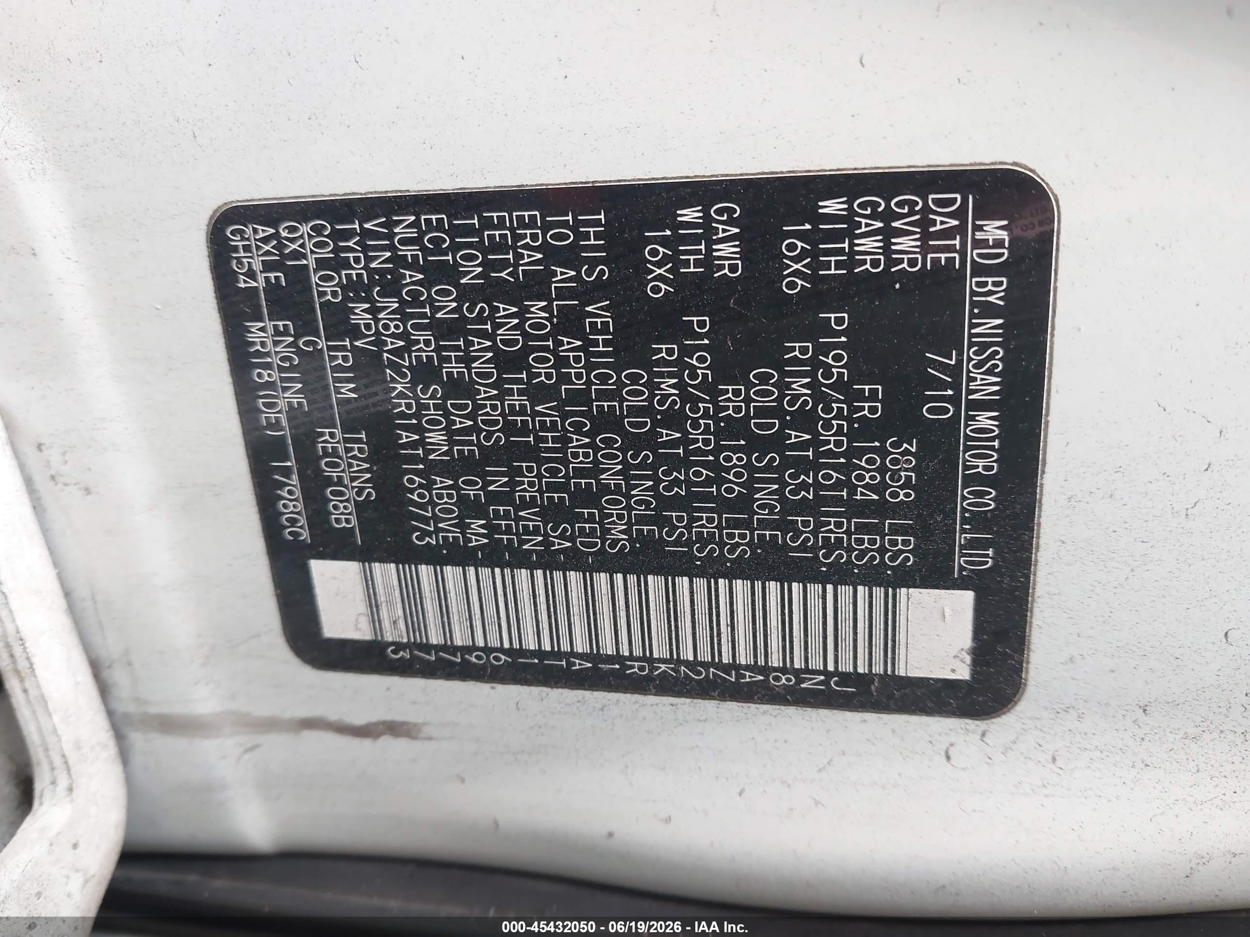 2010 Nissan Cube VIN JN8AZ2KR1AT169773 IAAI salvage auction — Normal Wear, Clear - Dealer Only (California), sold $325 on 2026-07-09 (photo 9)