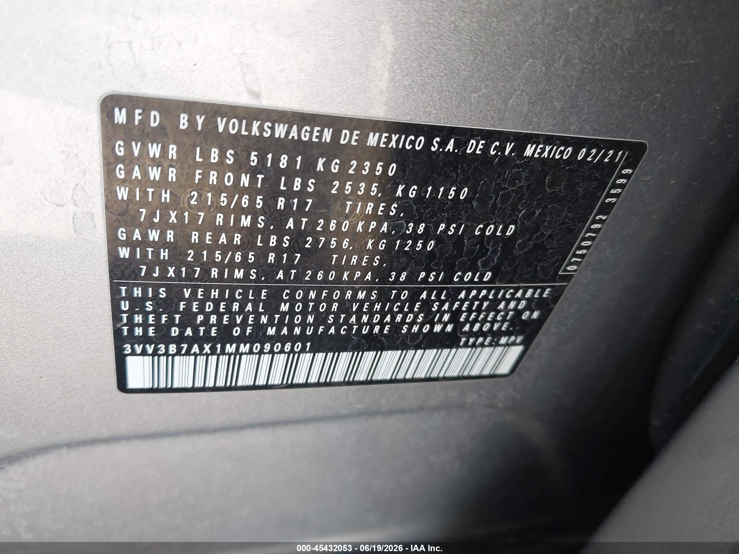 2021 Volkswagen Tiguan VIN 3VV3B7AX1MM090601 IAAI salvage auction — Unknown, Salvage (Arizona), sold $3,950 on 2026-07-09 (photo 9)