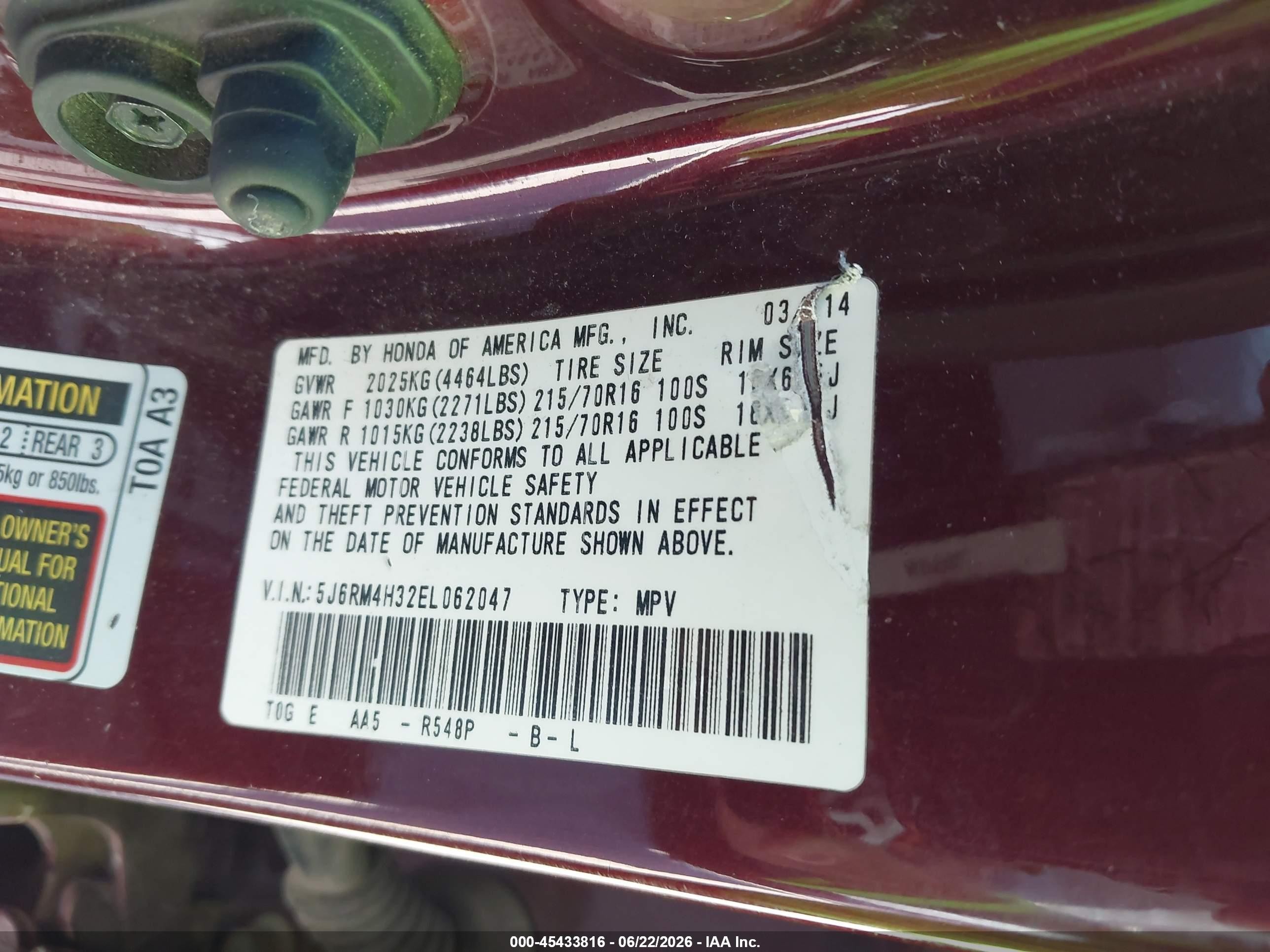 2014 Honda CR-V VIN 5J6RM4H32EL062047 IAAI salvage auction — Unknown, Bill Of Sale (Washington), sold $1,450 on 2026-07-11 (photo 9)