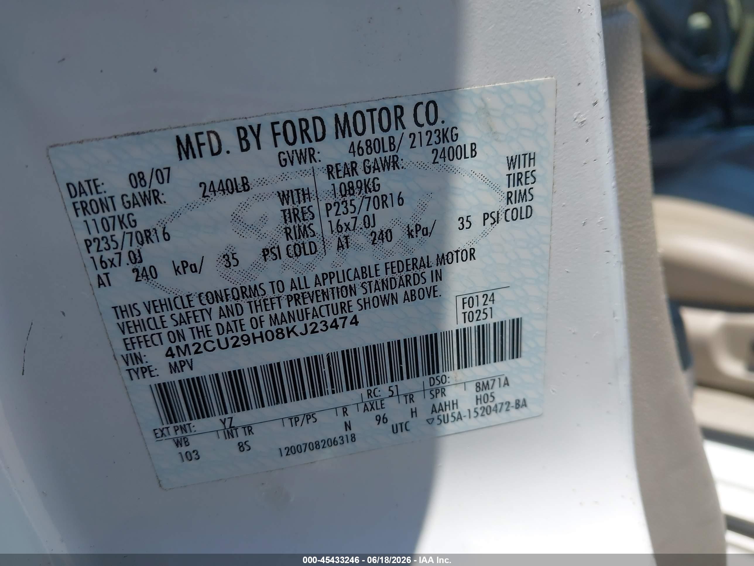 2008 Mercury Mariner VIN 4M2CU29H08KJ23474 IAAI salvage auction — Normal Wear, Clear - Dealer Only (California), sold $125 on 2026-07-09 (photo 9)