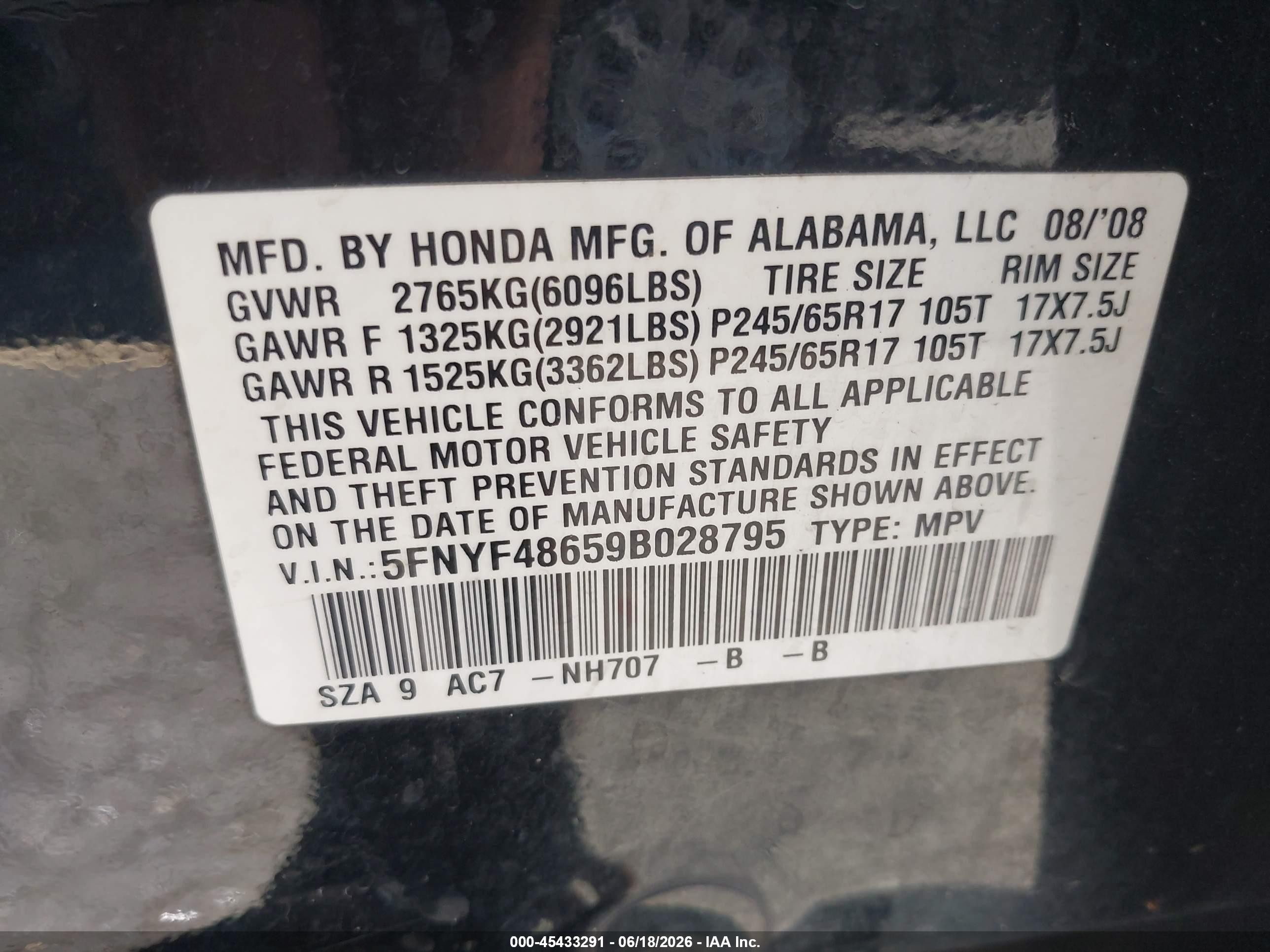 2009 Honda Pilot VIN 5FNYF48659B028795 IAAI salvage auction — Normal Wear, Clear-Dealer Only (Oregon), sold $175 on 2026-07-09 (photo 9)