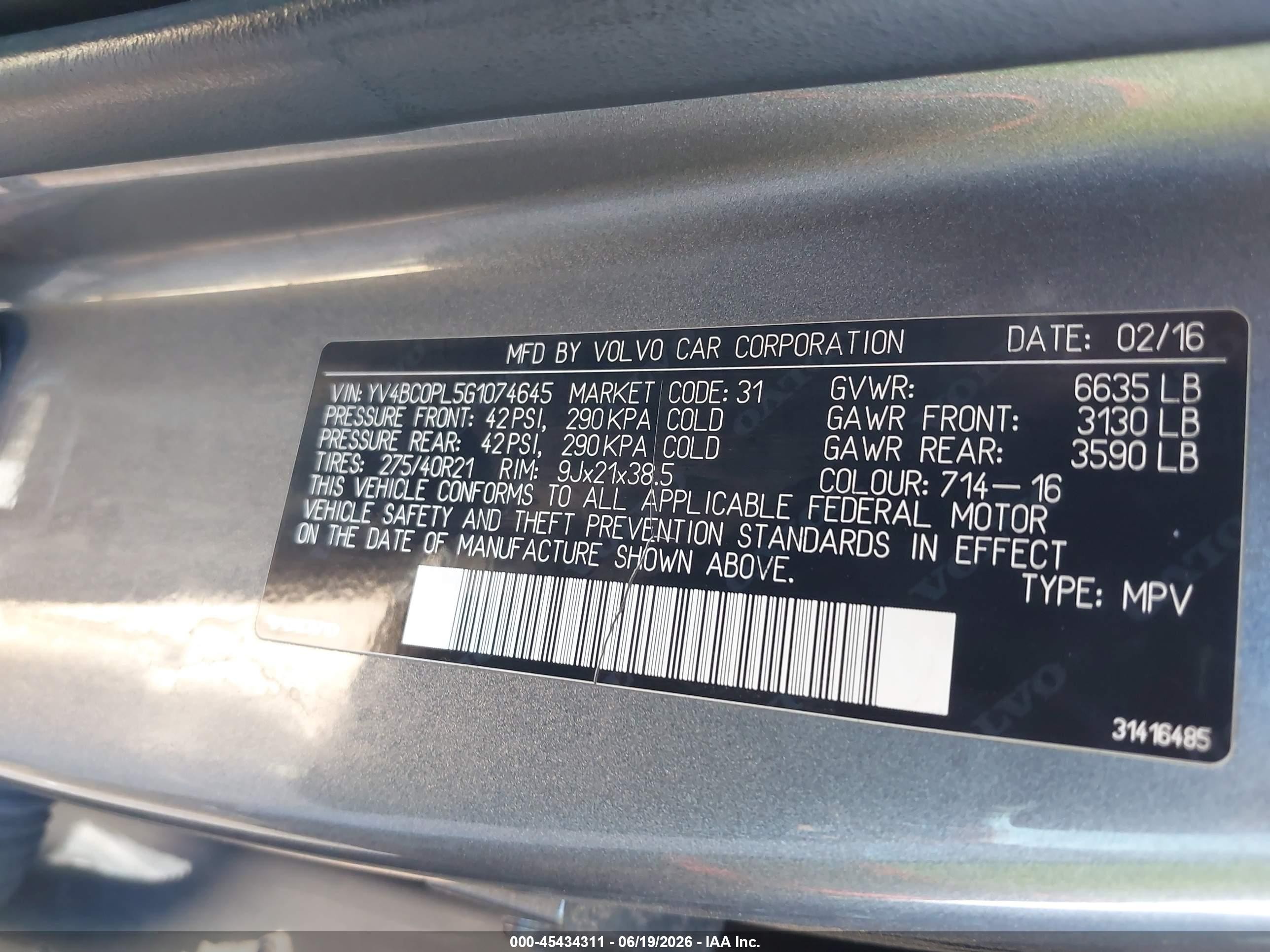 2016 Volvo XC90 VIN YV4BC0PL5G1074645 IAAI salvage auction — Normal Wear, Clear-Dealer Only (Arizona), sold $5,550 on 2026-07-02 (photo 9)