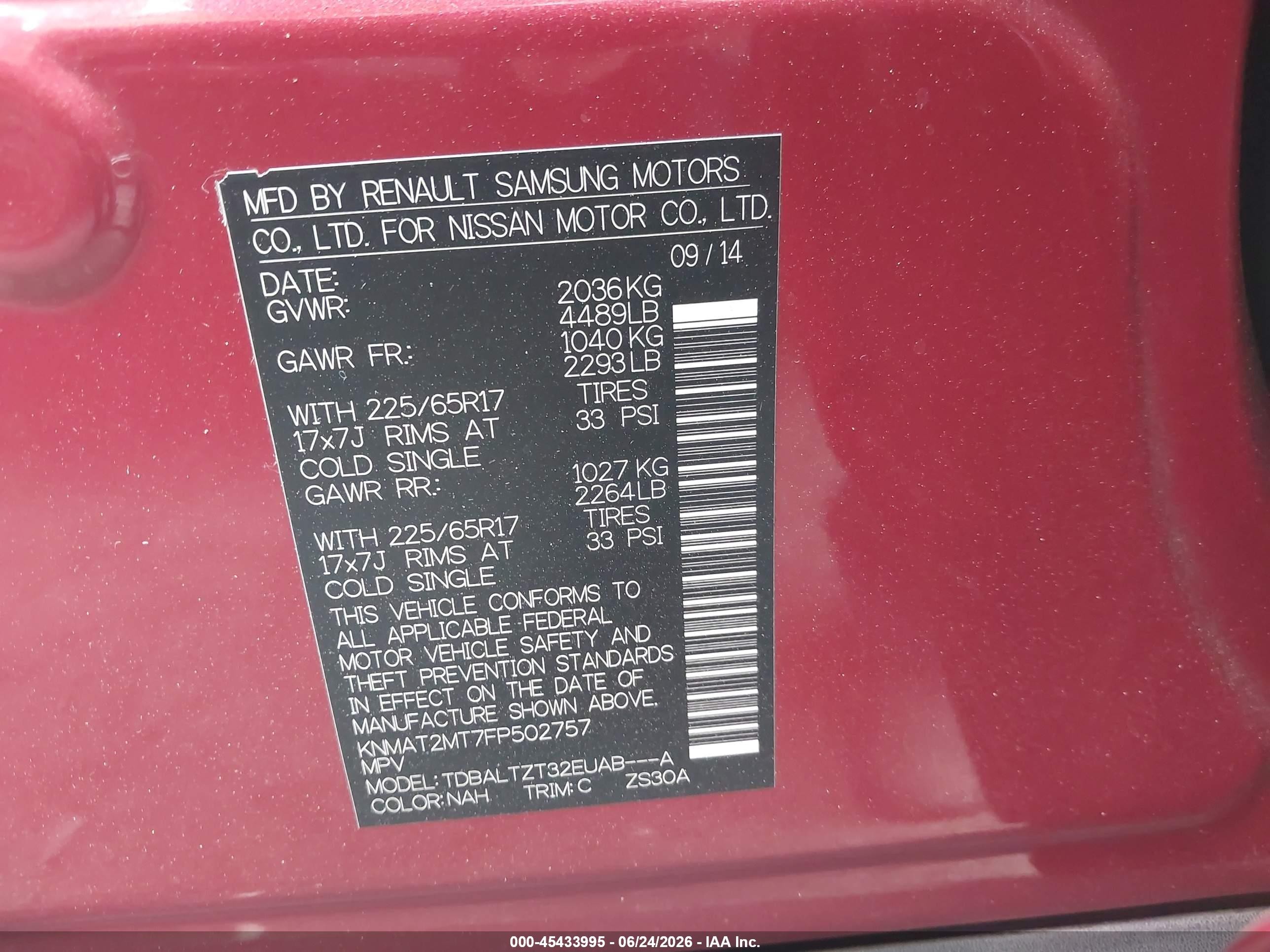 2015 Nissan Rogue VIN KNMAT2MT7FP502757 IAAI salvage auction — Side, Salvage Certificate (California), sold $1,050 on 2026-09-11 (photo 9)