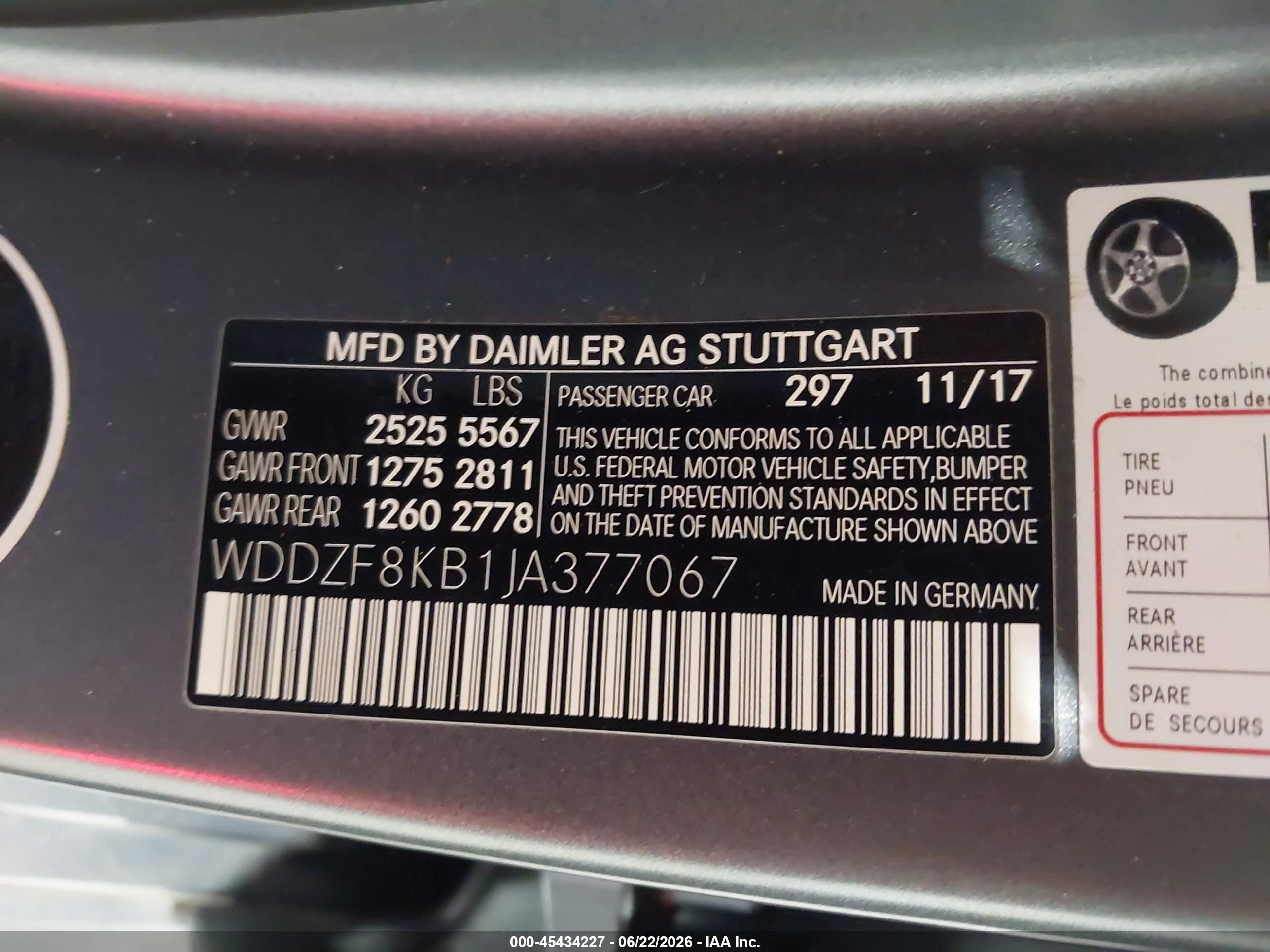 2018 Mercedes-Benz E-Class VIN WDDZF8KB1JA377067 IAAI salvage auction — Front End, Salvage (Idaho), sold $28,250 on 2026-08-27 (photo 9)