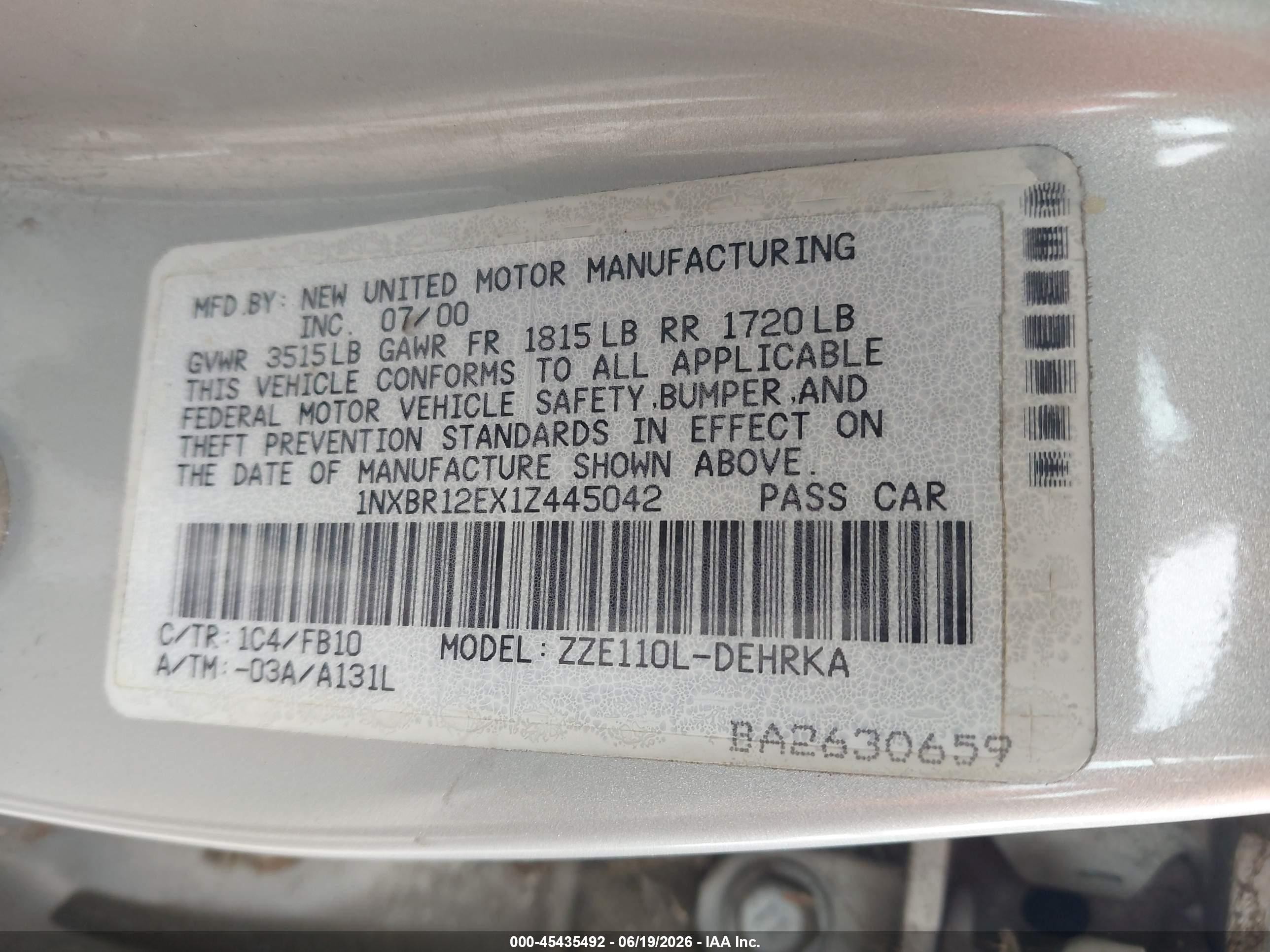 2001 Toyota Corolla VIN 1NXBR12EX1Z445042 IAAI salvage auction — Normal Wear, Clear - Dealer Only (California), sold $650 on 2026-07-02 (photo 9)