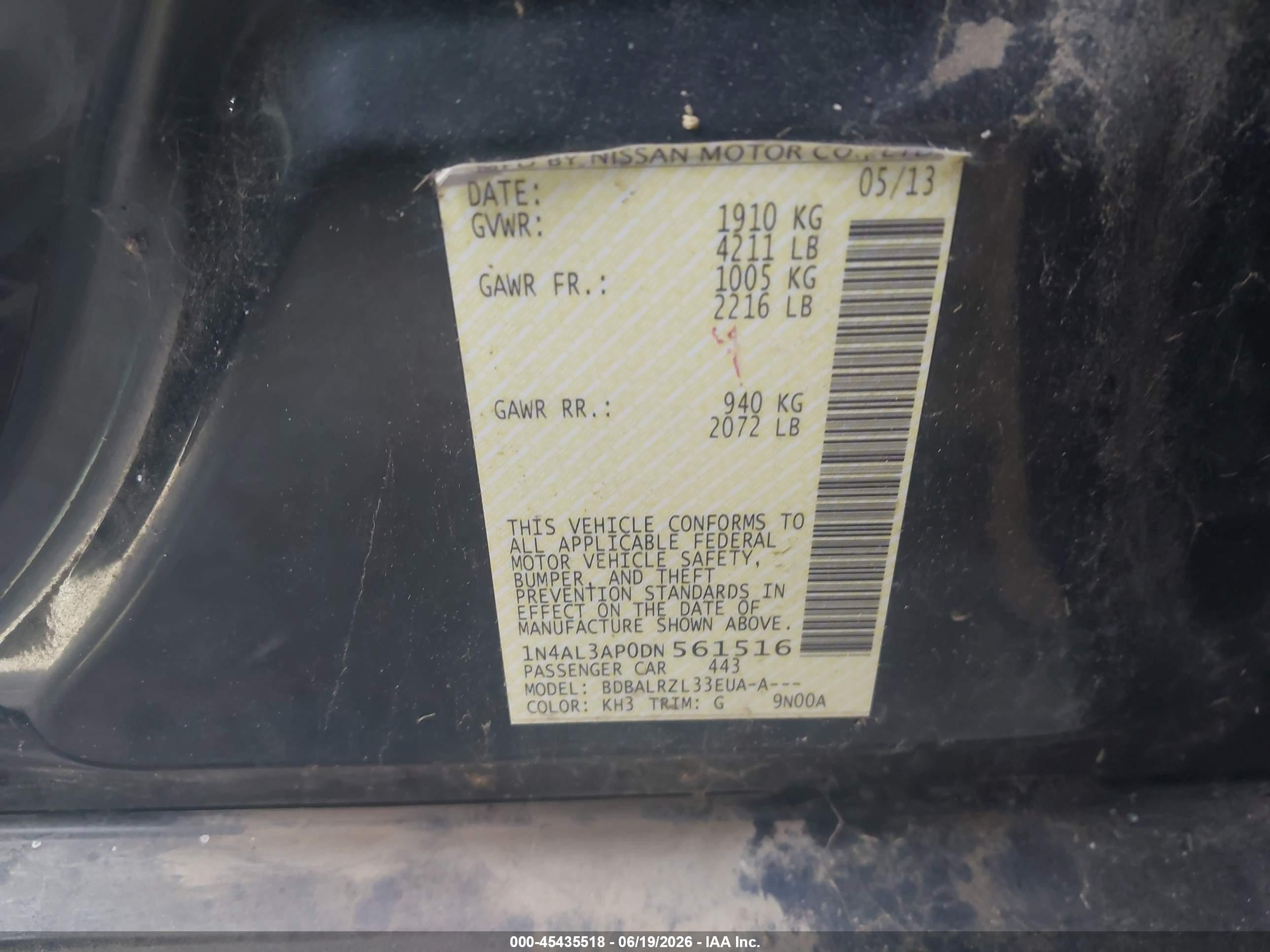 2013 Nissan Altima VIN 1N4AL3AP0DN561516 IAAI salvage auction — Normal Wear, App For Dup Clear (California), sold $550 on 2026-07-09 (photo 9)
