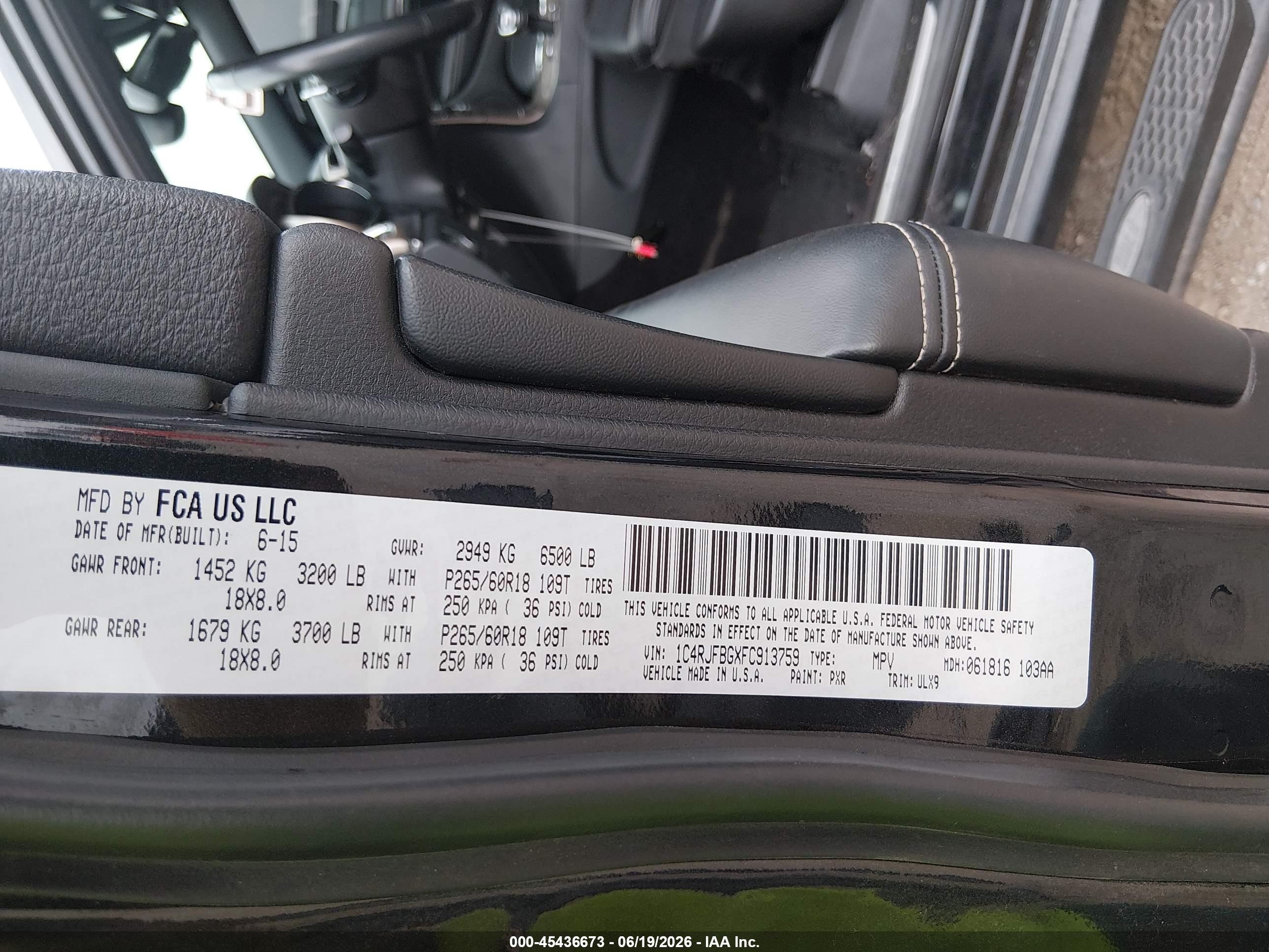 2015 Jeep Grand Cherokee VIN 1C4RJFBGXFC913759 IAAI salvage auction — Rear End, Certificate Of Title (Nebraska), sold $2,600 on 2026-07-12 (photo 9)