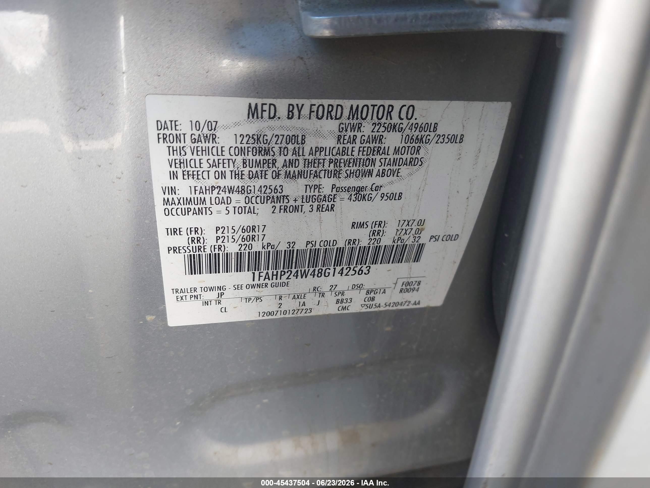2008 Ford Taurus VIN 1FAHP24W48G142563 IAAI salvage auction — Normal Wear, Clear (California), sold $1,125 on 2026-07-09 (photo 9)