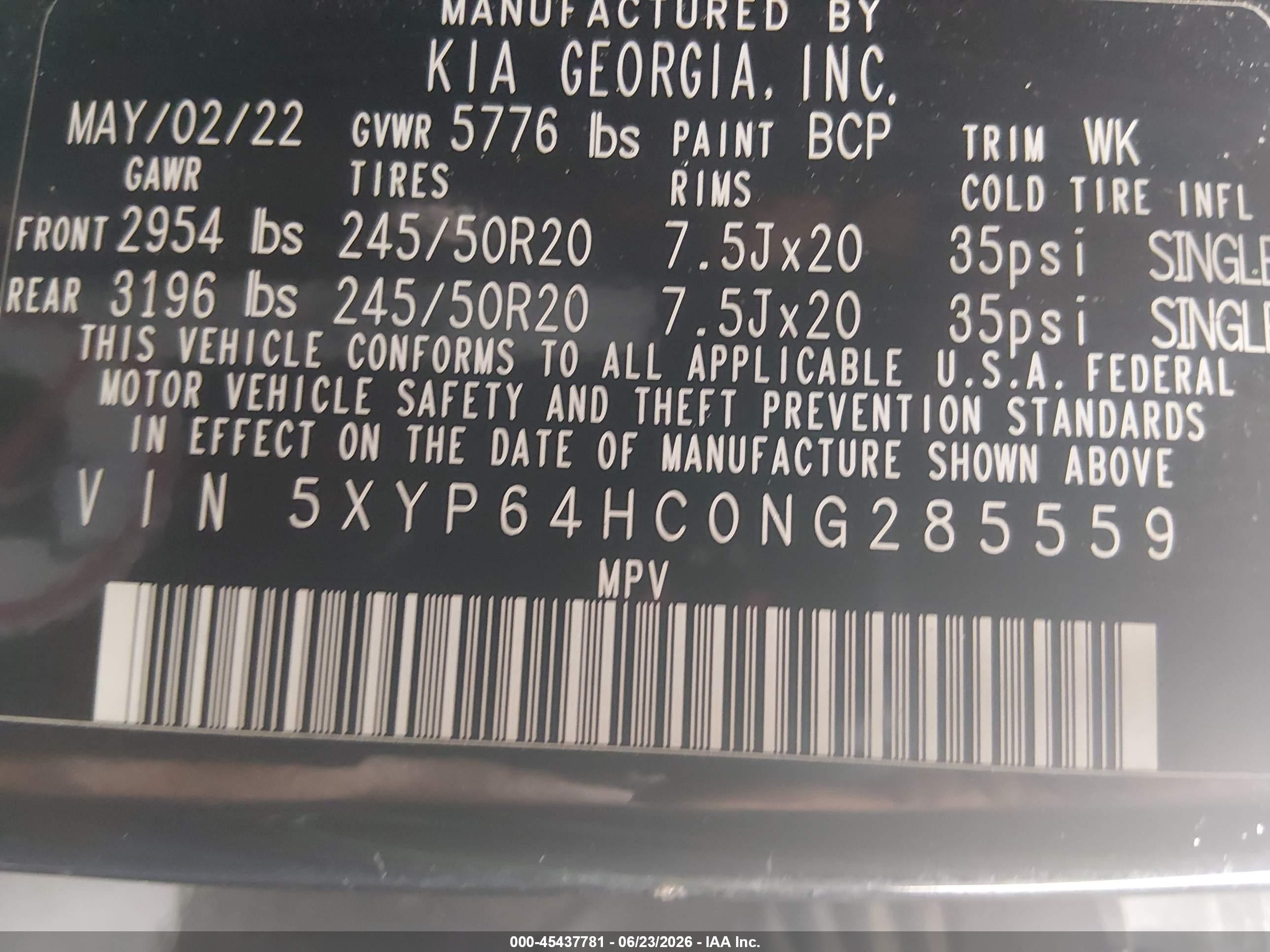 2022 Kia Telluride VIN 5XYP64HC0NG285559 IAAI salvage auction — Front End, Salvage (South Carolina), sold $4,450 on 2026-08-28 (photo 9)
