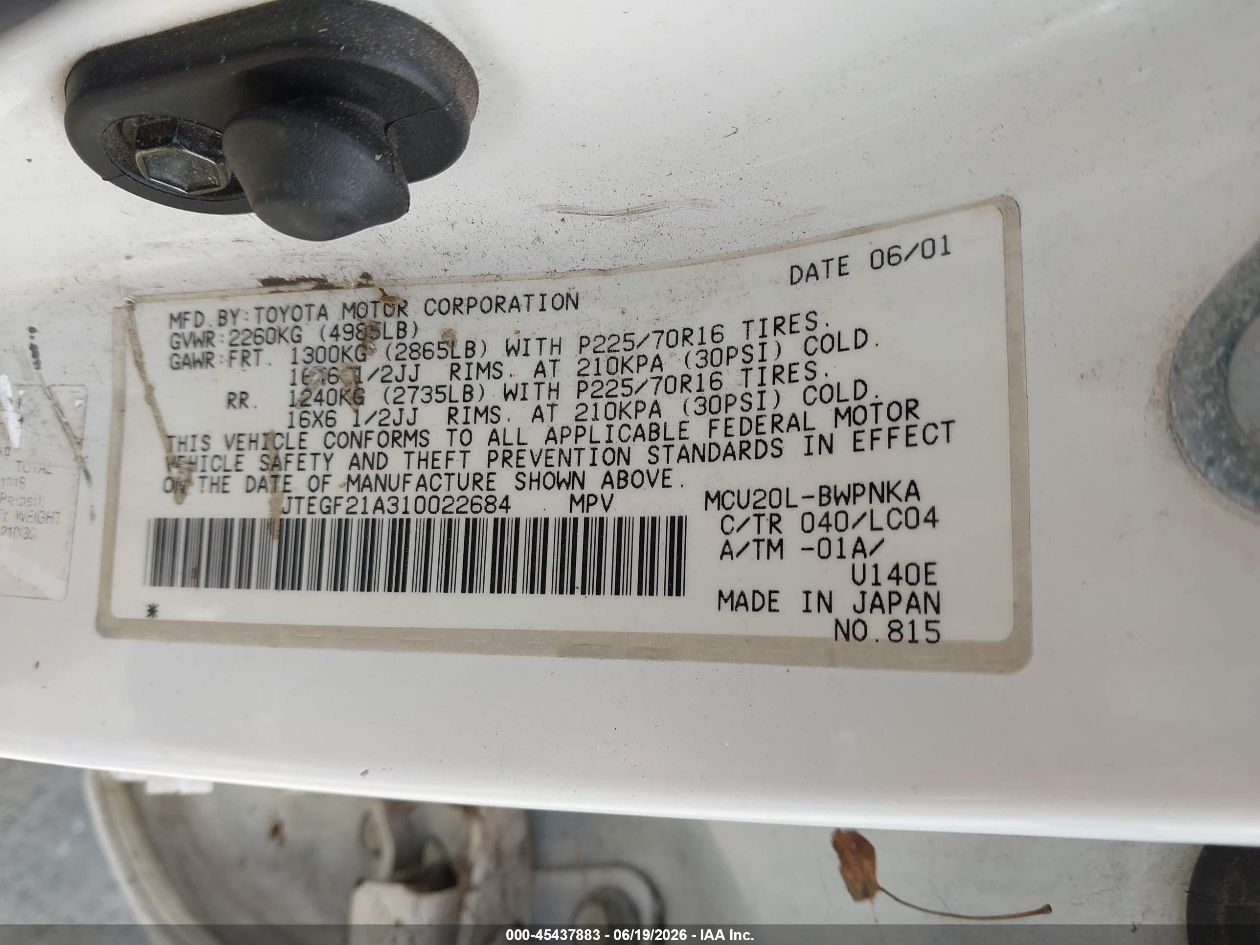 2001 Toyota Highlander VIN JTEGF21A310022684 IAAI salvage auction — Normal Wear, Salvage (California), sold $525 on 2026-07-09 (photo 9)