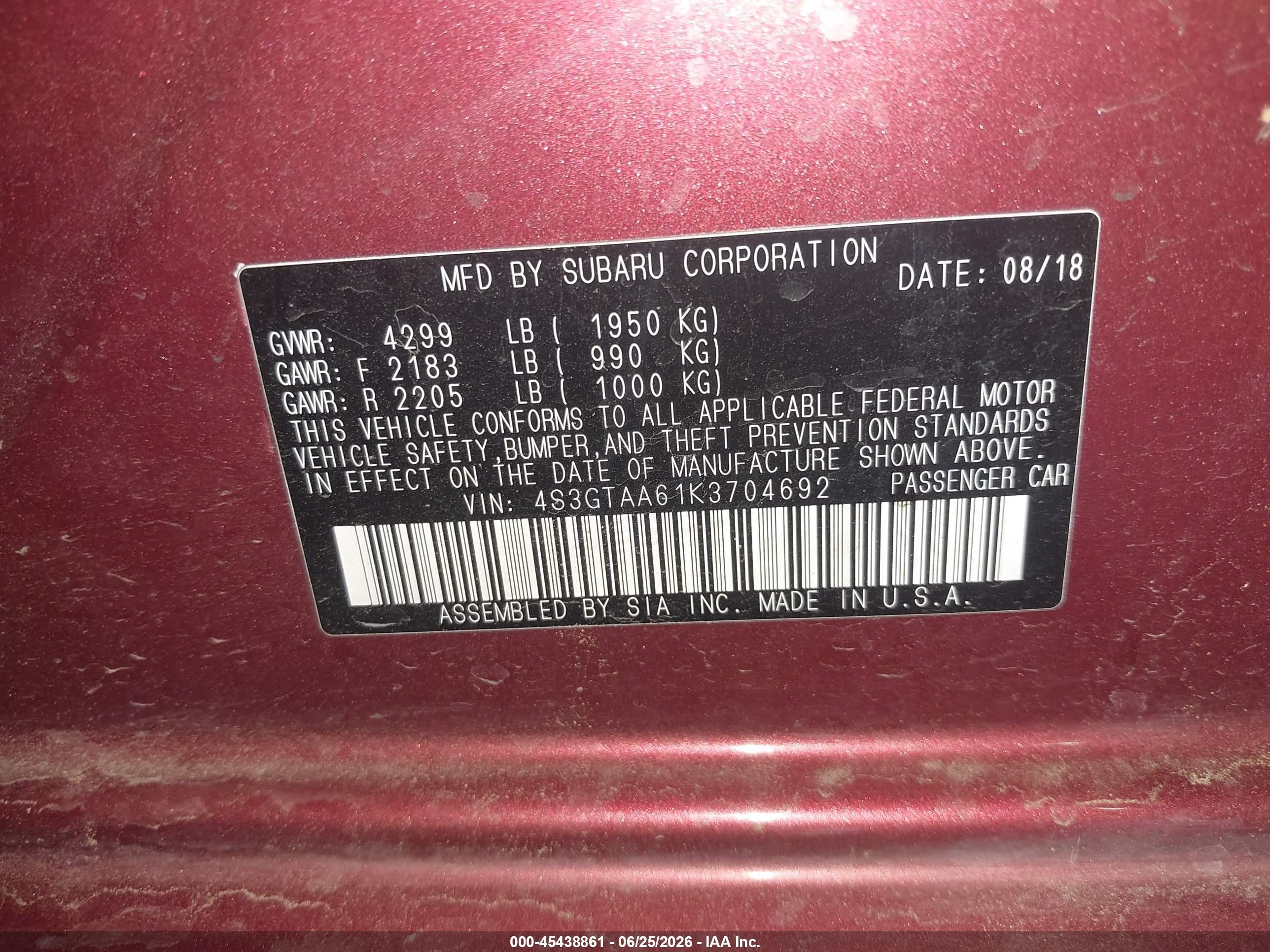 2019 Subaru Impreza VIN 4S3GTAA61K3704692 IAAI salvage auction — Front End, Salvage (Arizona), sold $1,100 on 2026-09-15 (photo 9)