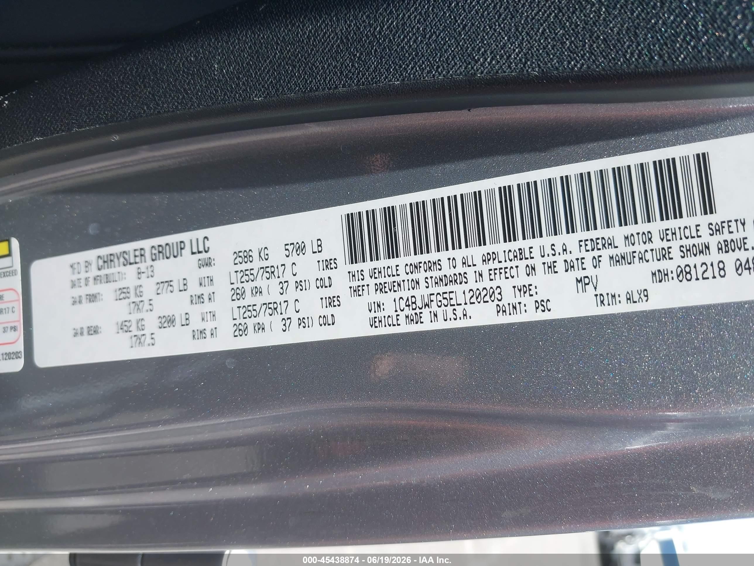 2014 Jeep Wrangler Unlimited VIN 1C4BJWFG5EL120203 IAAI salvage auction — Unknown, Salvage (California), sold $8,000 on 2026-07-09 (photo 9)