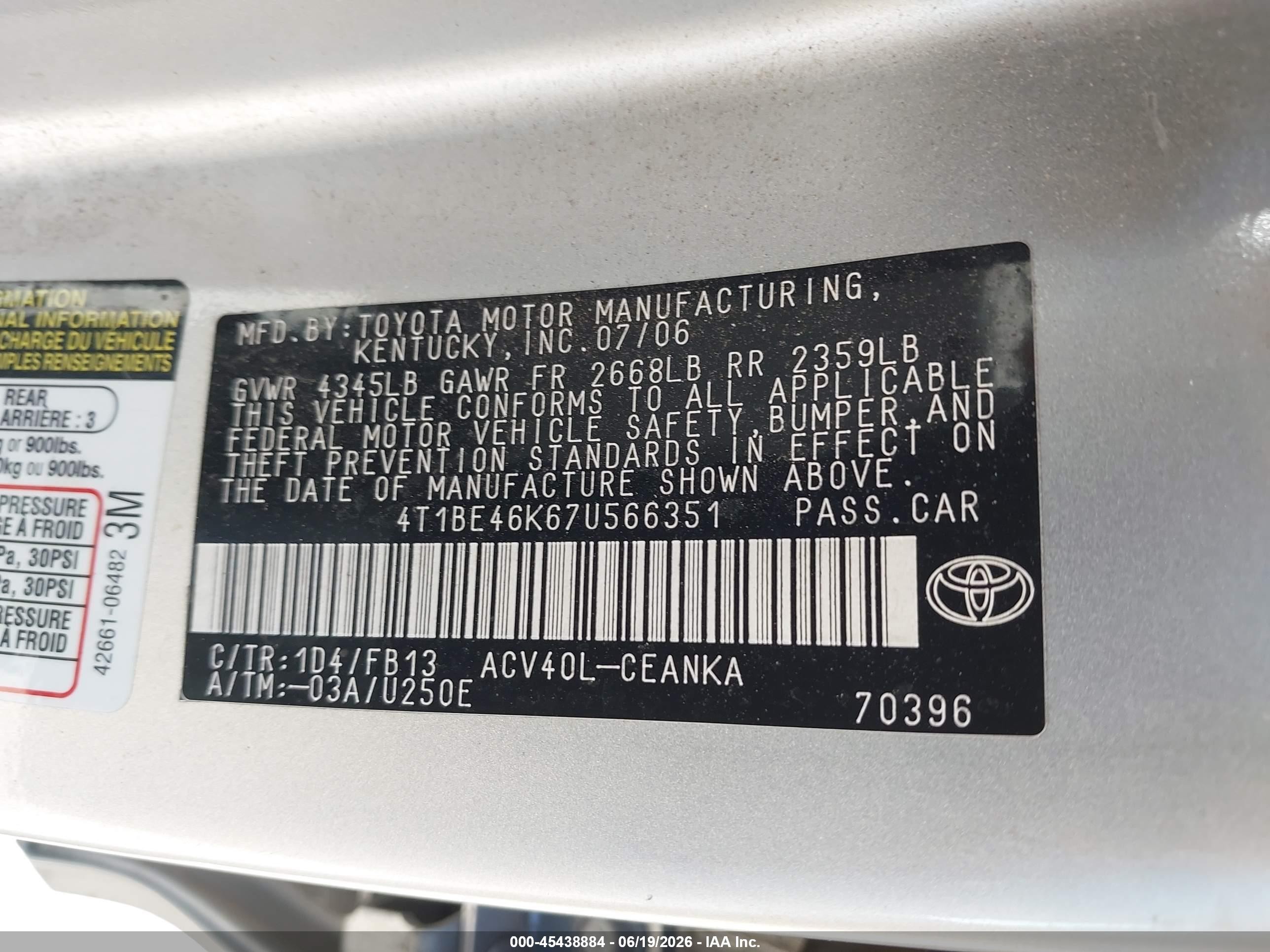 2007 Toyota Camry VIN 4T1BE46K67U566351 IAAI salvage auction — Normal Wear, Clear (Arizona), sold $1,100 on 2026-07-09 (photo 9)