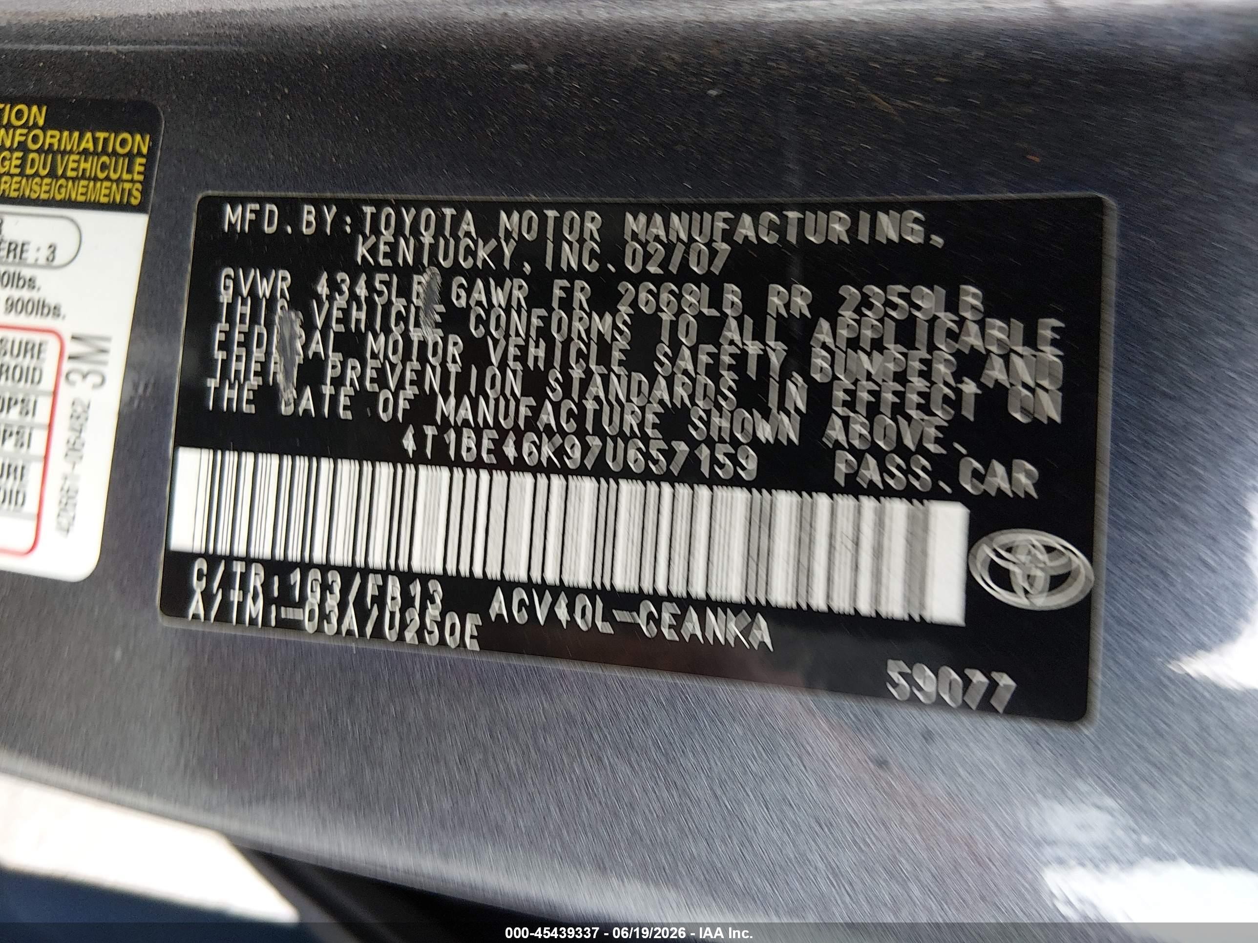2007 Toyota Camry VIN 4T1BE46K97U657159 IAAI salvage auction — Rear End, Clear Salvage History (California), sold $550 on 2026-07-09 (photo 9)