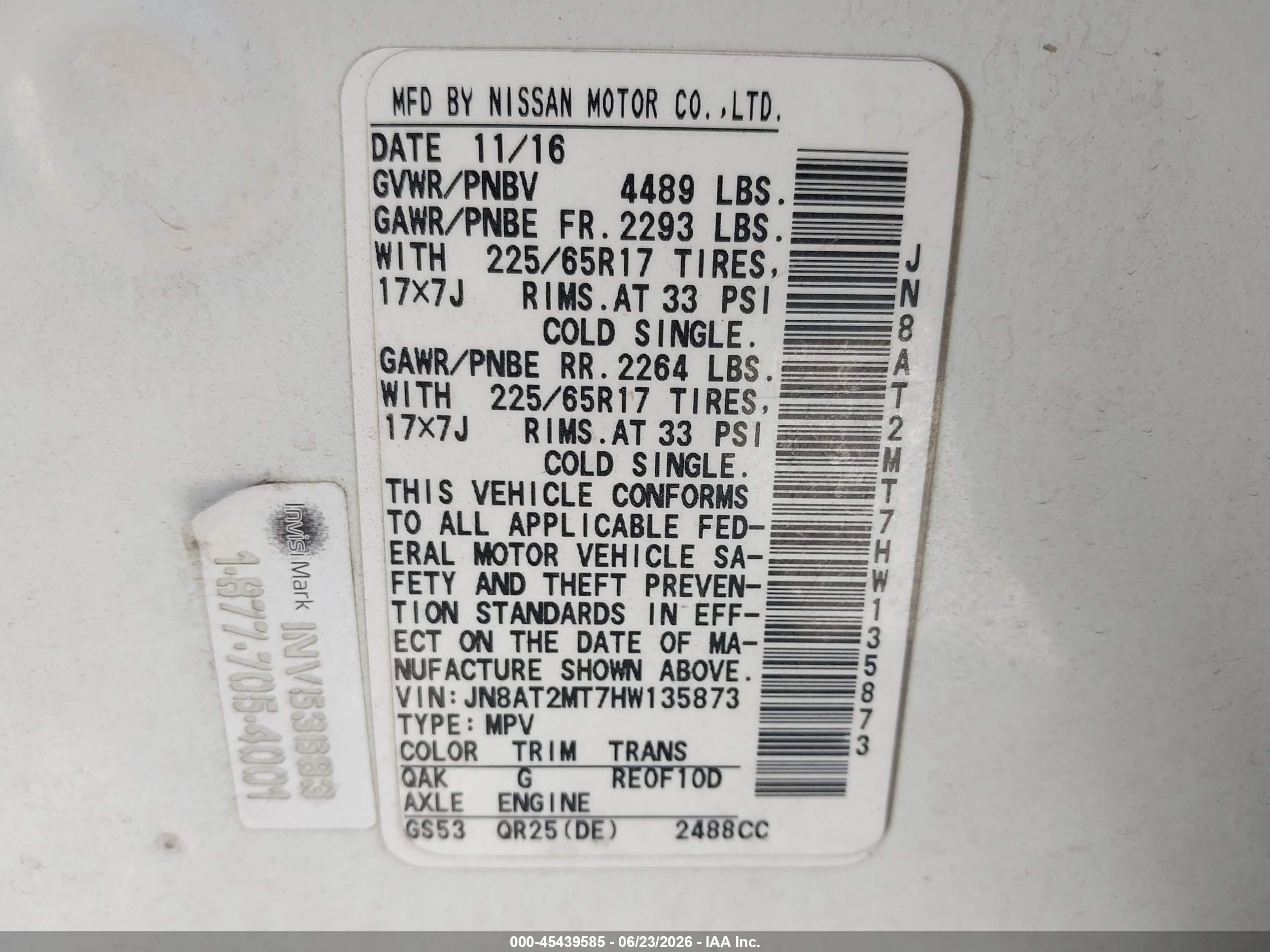 2017 Nissan Rogue Sport VIN JN8AT2MT7HW135873 IAAI salvage auction — Normal Wear, Clear (California), sold $750 on 2026-07-09 (photo 9)