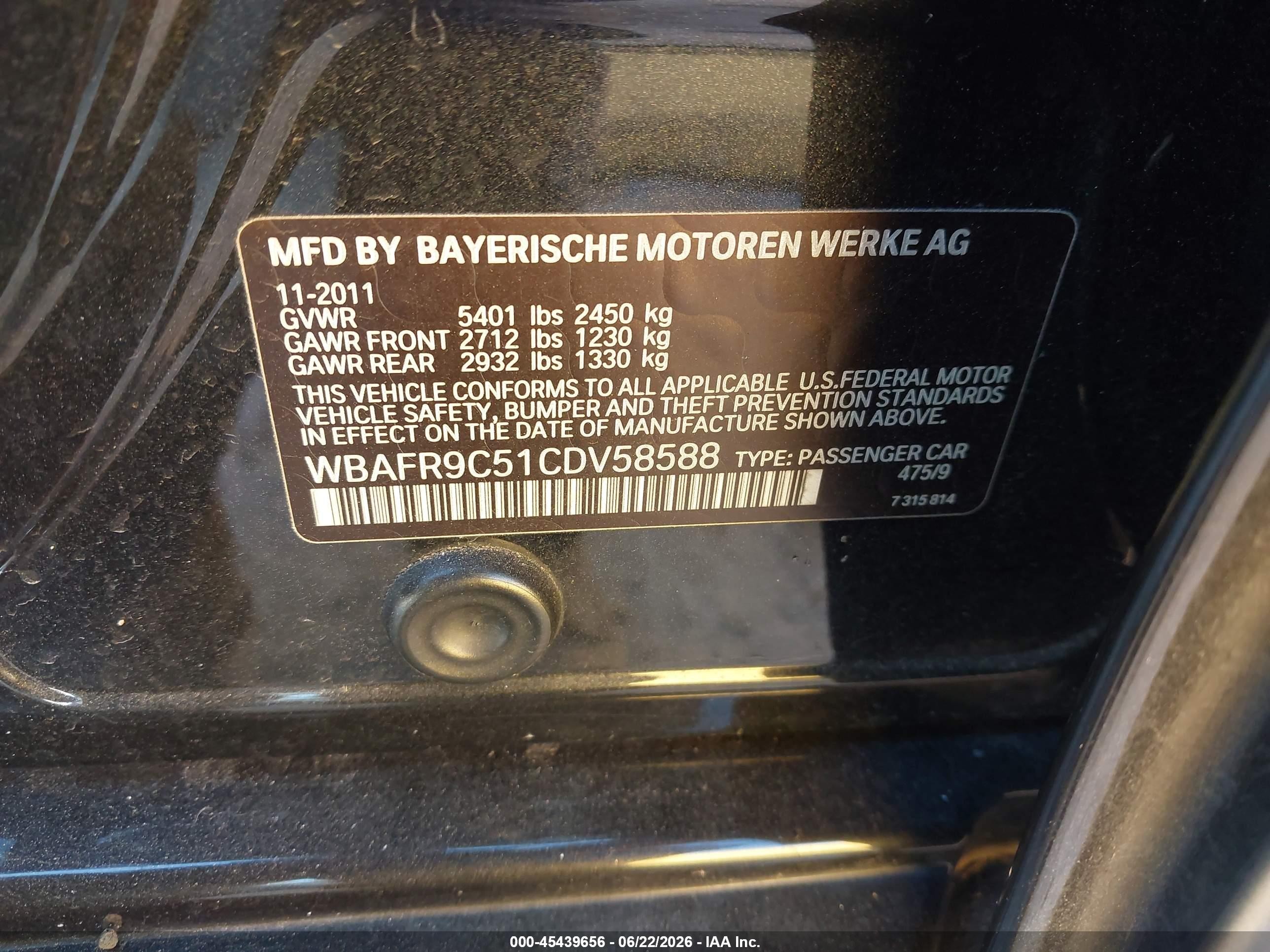 2012 BMW 5 Series VIN WBAFR9C51CDV58588 IAAI salvage auction — Normal Wear, Clear - Dealer Only (California), sold $600 on 2026-07-02 (photo 9)