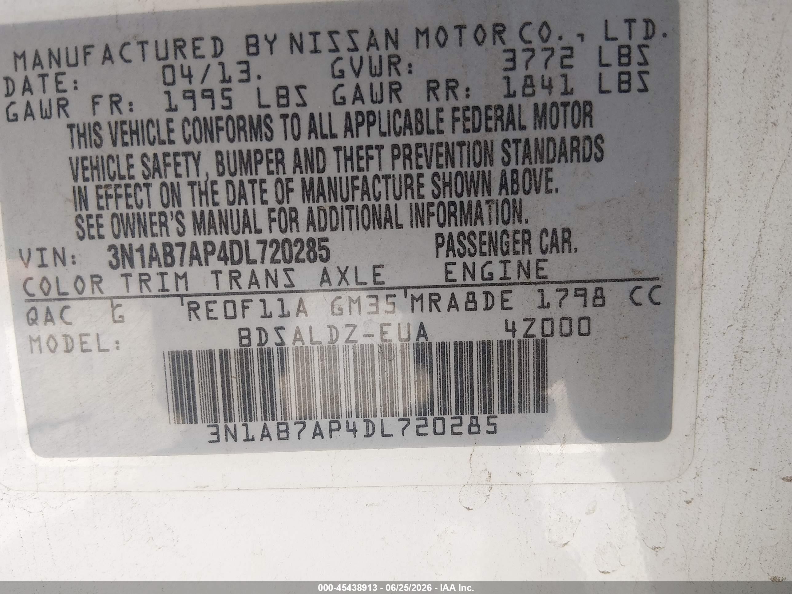 2013 Nissan Sentra VIN 3N1AB7AP4DL720285 IAAI salvage auction — Normal Wear, Clear (California), sold $400 on 2026-07-09 (photo 9)