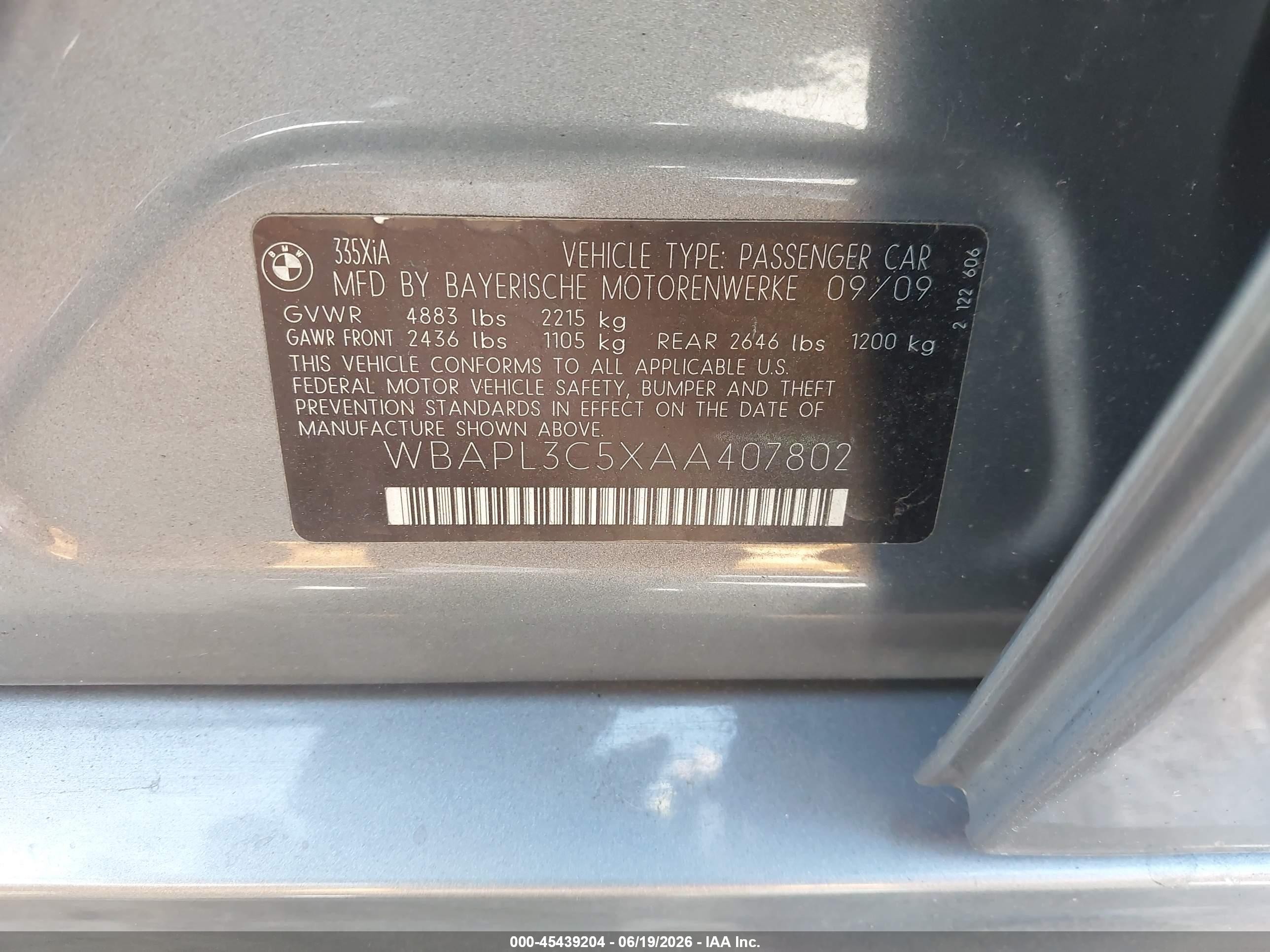 2010 BMW 3 Series VIN WBAPL3C5XAA407802 IAAI salvage auction — Front End, Salvage (California), sold $2,250 on 2026-07-09 (photo 9)