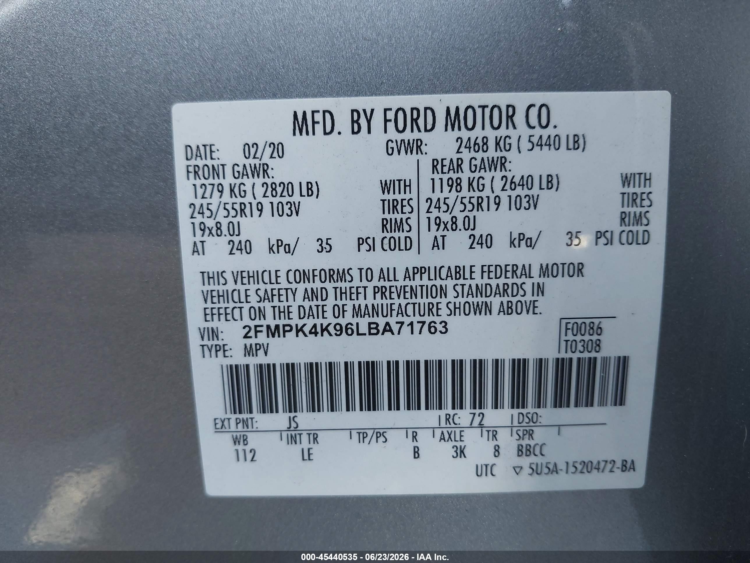 2020 Ford Edge VIN 2FMPK4K96LBA71763 IAAI salvage auction — Front End, Rebuildable (Florida), sold $5,300 on 2026-07-09 (photo 9)