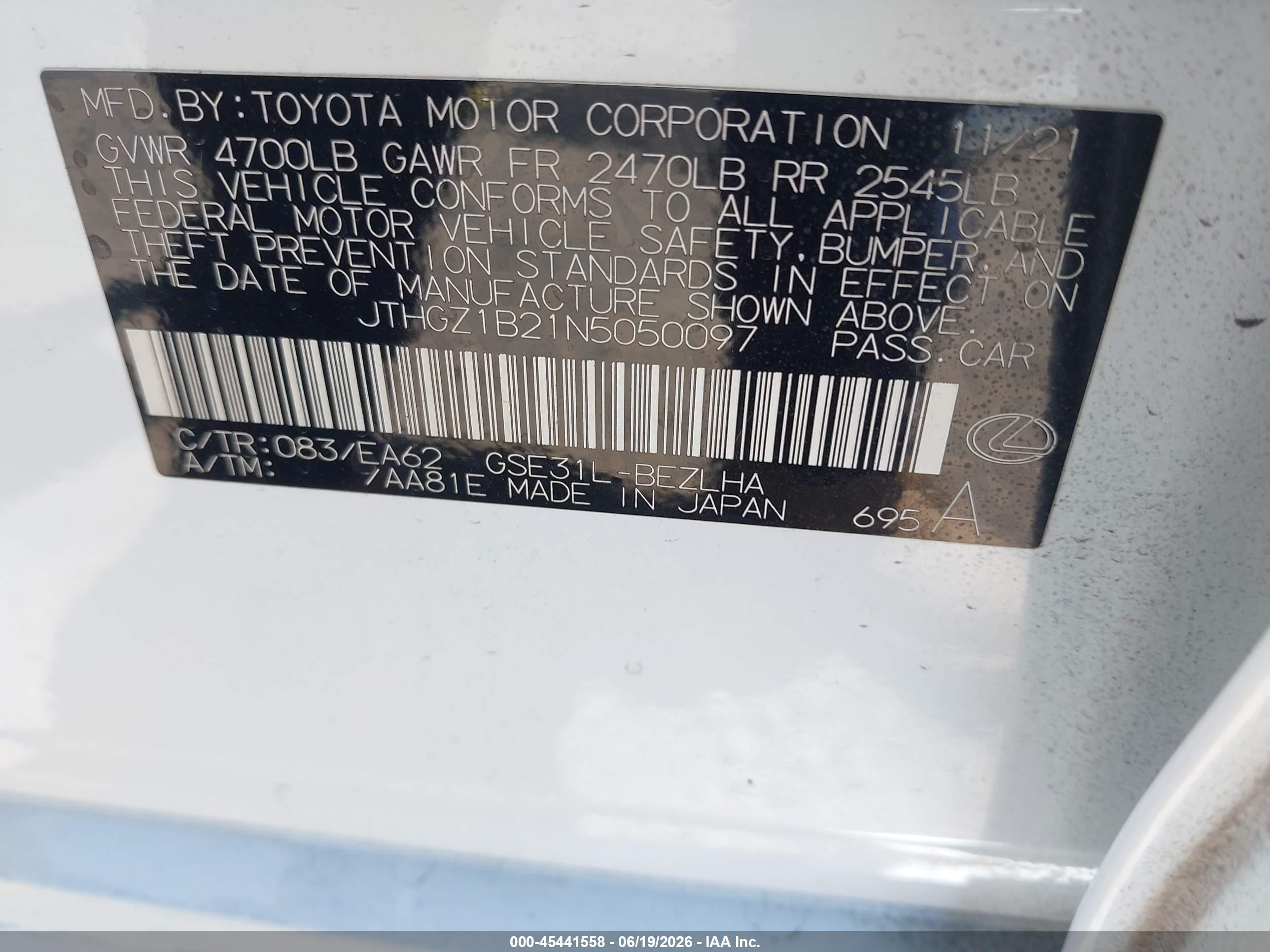 2022 Lexus IS 350 VIN JTHGZ1B21N5050097 IAAI salvage auction — Theft, Clear - Dealer Only (California), sold $22,800 on 2026-08-27 (photo 9)